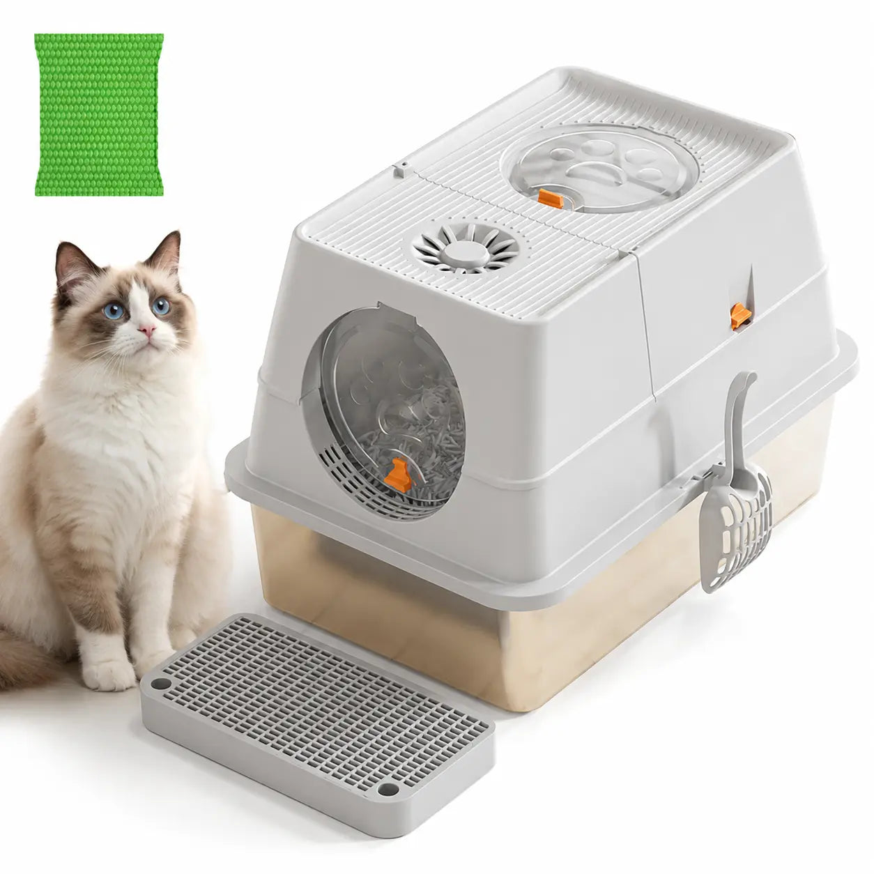 Light Grey Extra Large Stainless Steel Cat Litter Box, Foldable Covered Cat Litter Tray with Round Top & Round Door, Front Entry Top Exit, Anti Tracking Mat, Scoop and Charcoal Filter Wholesale Hub