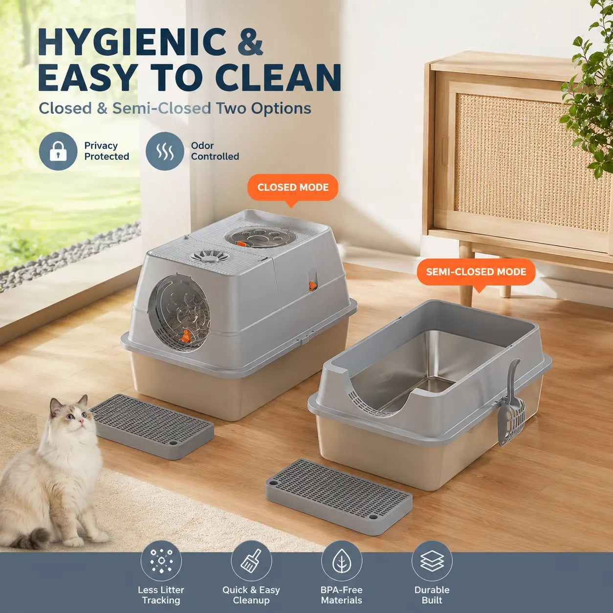 Light Grey Extra Large Stainless Steel Cat Litter Box, Foldable Covered Cat Litter Tray with Round Top & Round Door, Front Entry Top Exit, Anti Tracking Mat, Scoop and Charcoal Filter Wholesale Hub