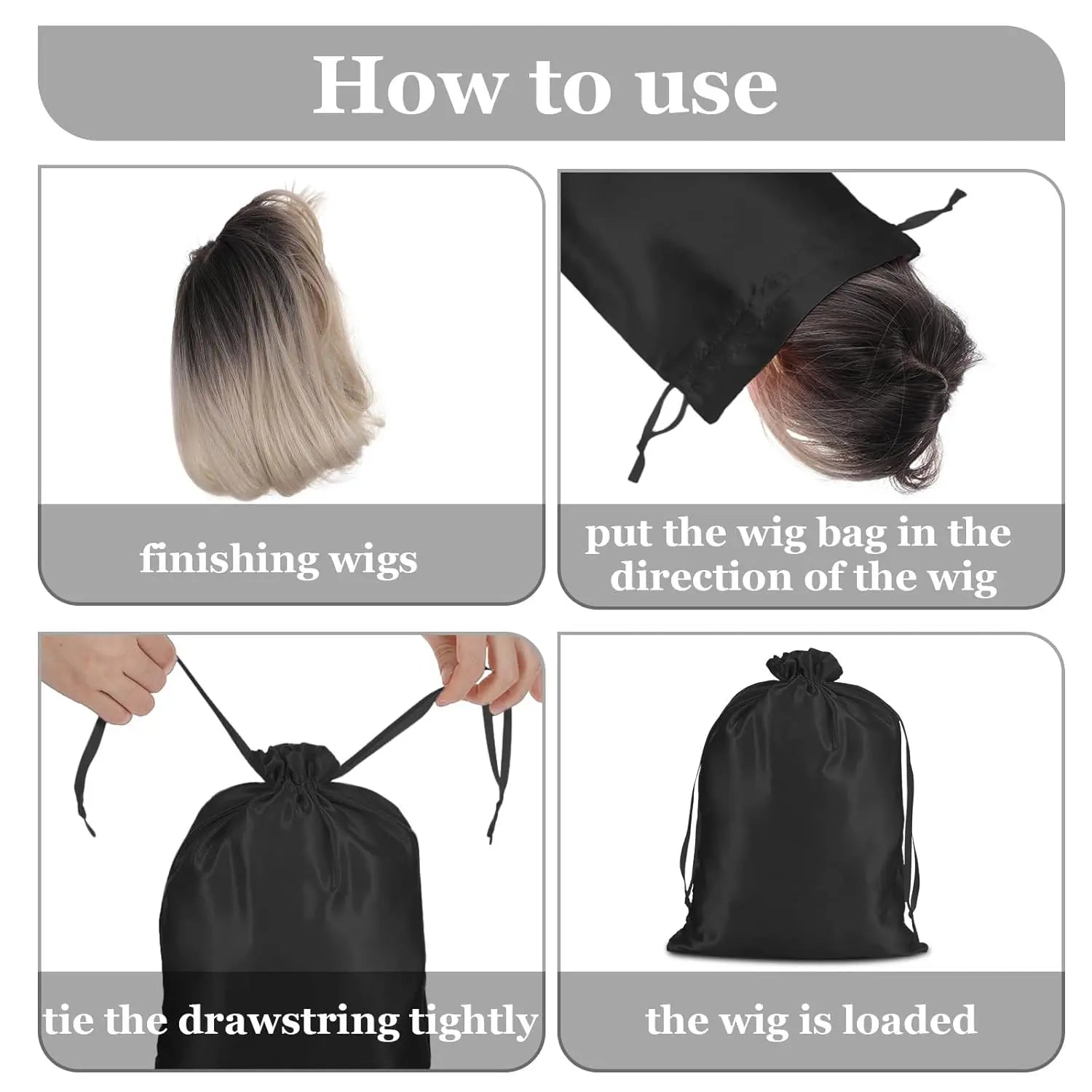 4Pcs Wig Storage Bags,Silk Bags with Drawstring Small Storage Satin Bag for Wigs Bundles Hair Extension(Black) Wholesale Hub