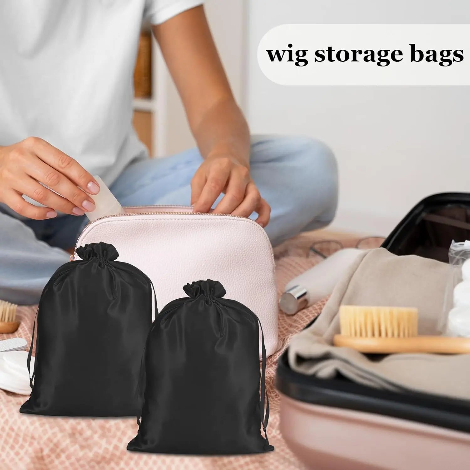 4Pcs Wig Storage Bags,Silk Bags with Drawstring Small Storage Satin Bag for Wigs Bundles Hair Extension(Black) Wholesale Hub