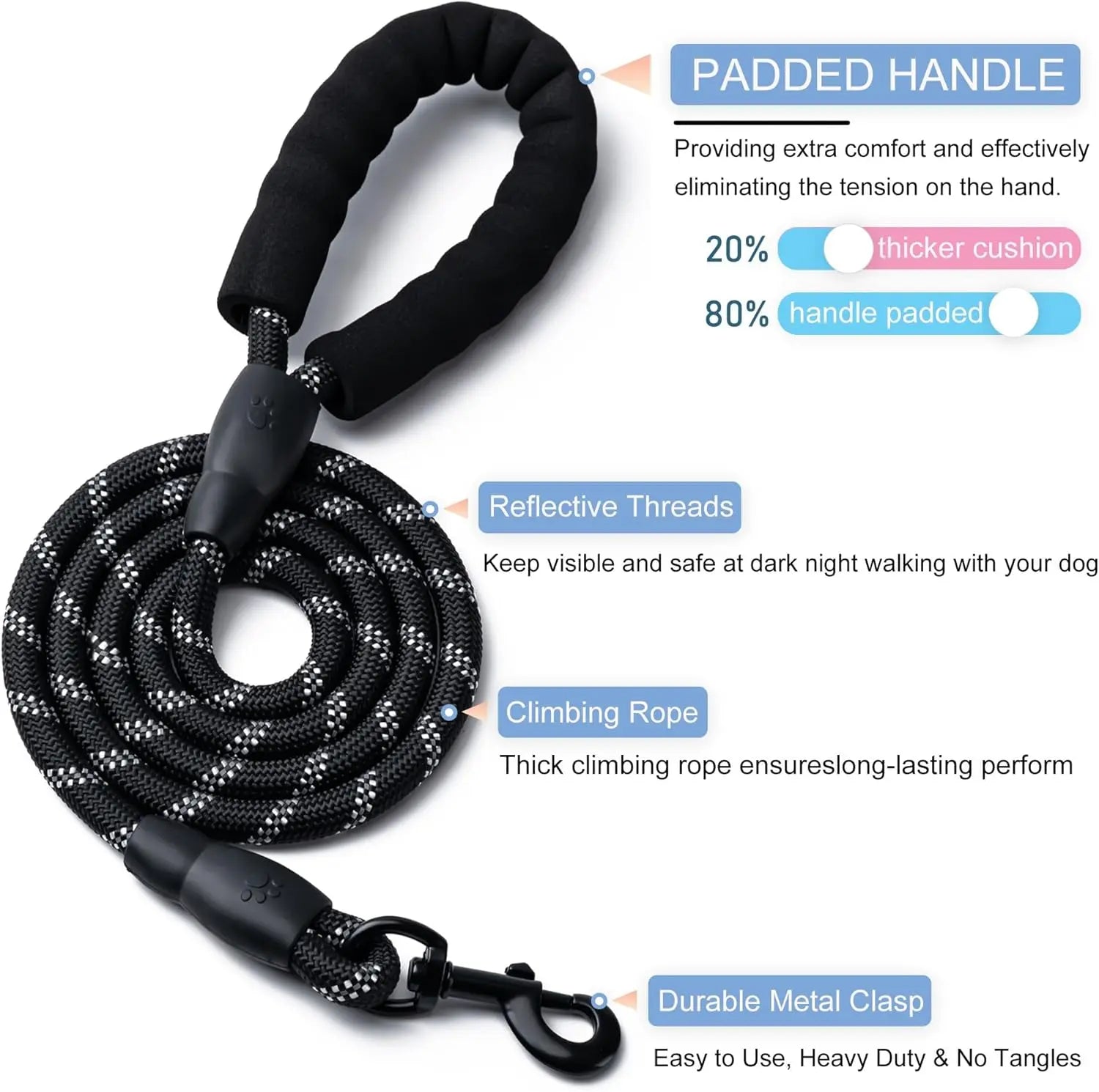 2 Pack Dog Leash, 4/5//6 FT Heavy Duty Nyl Rope Pet Leashes with Comfortable Padded Handle, Reflective Dog Leashes for Small Medium and Large Dogs (5FT-1/2,Black/Black) Wholesale Hub