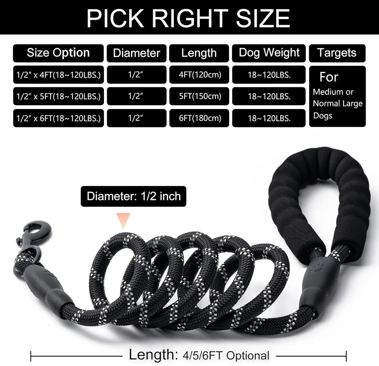 2 Pack Dog Leash, 4/5//6 FT Heavy Duty Nyl Rope Pet Leashes with Comfortable Padded Handle, Reflective Dog Leashes for Small Medium and Large Dogs (5FT-1/2,Black/Black) Wholesale Hub