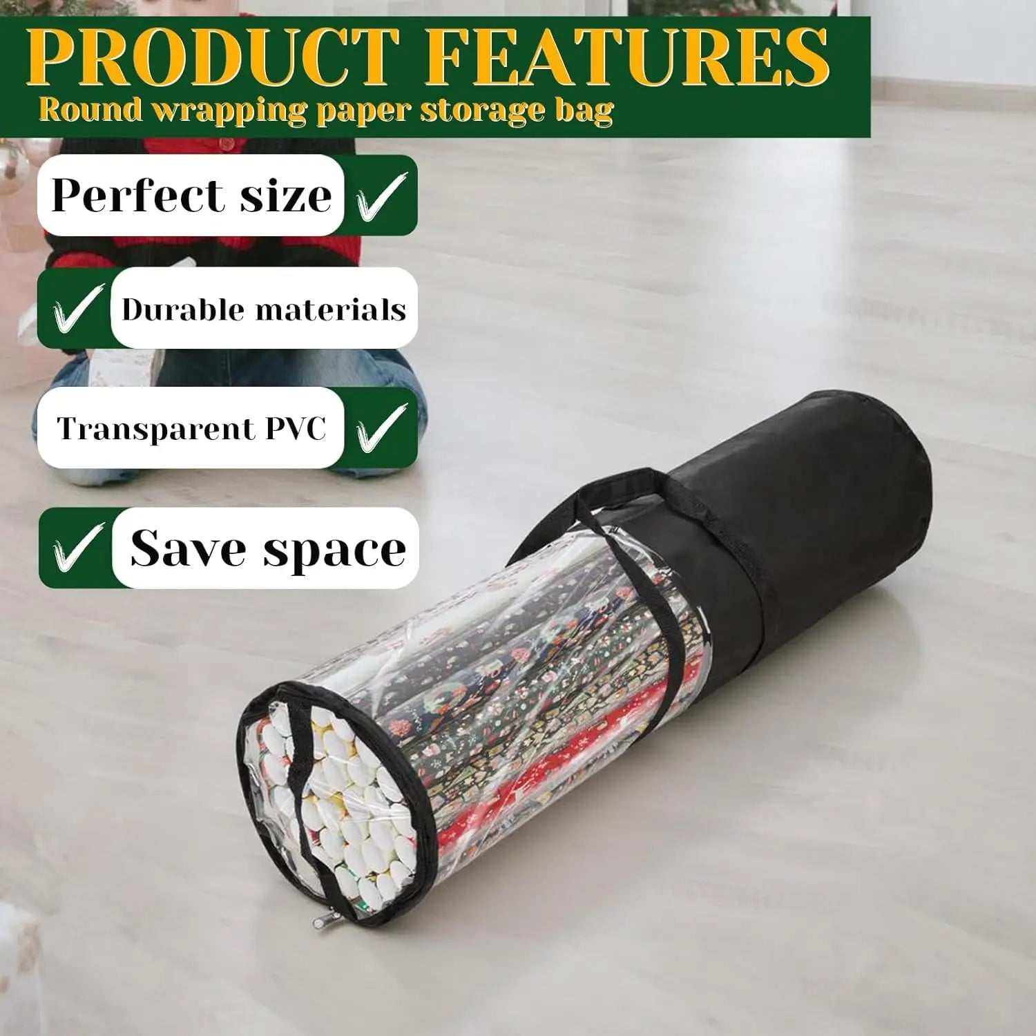 Homakover Clear PVC Christmas Wrapping Paper Organizer Storage, 30" Gift Wrap Organizer Zippered Storage, Fit for 18-25 Rolls (Black) Wholesale Hub