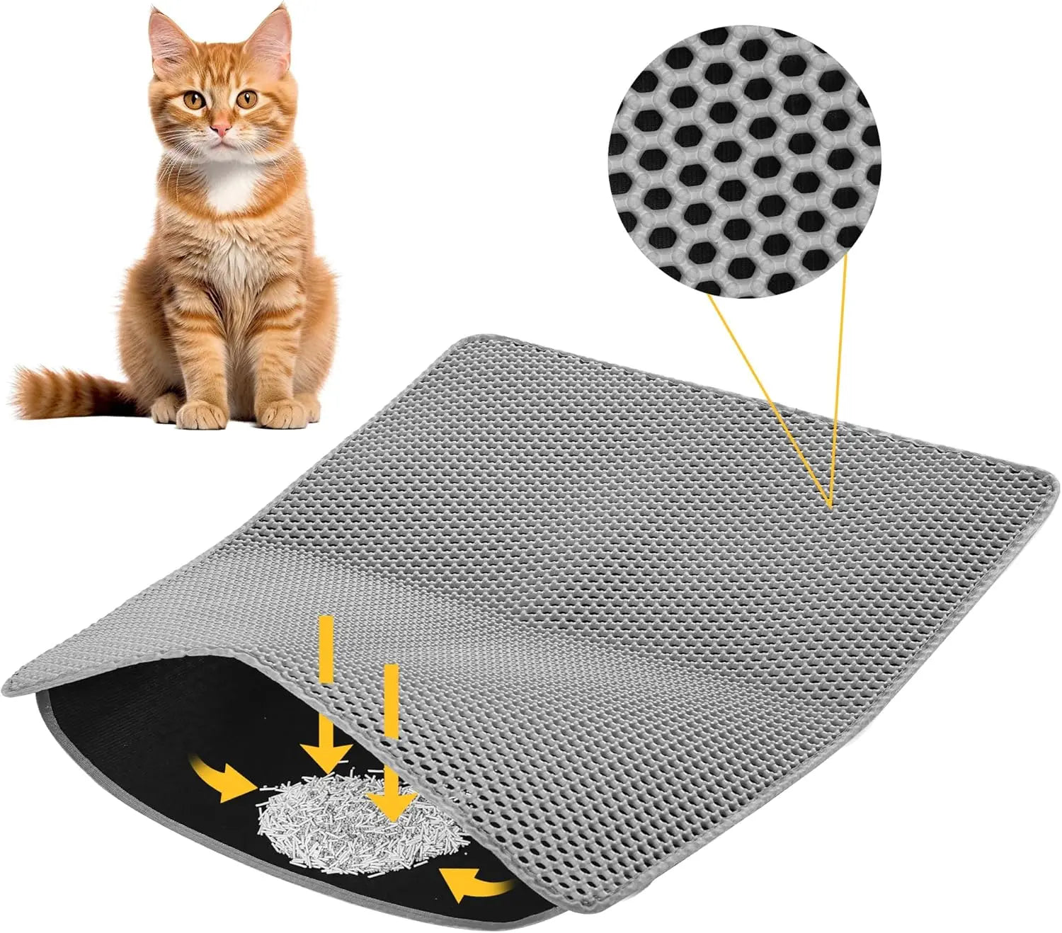 Cat Litter Mat ，60x45cm Double-Layer Honeycomb Design, Waterproof & Urine-Proof, Traps Litter to Keep Floors Clean(Gray) Wholesale Hub