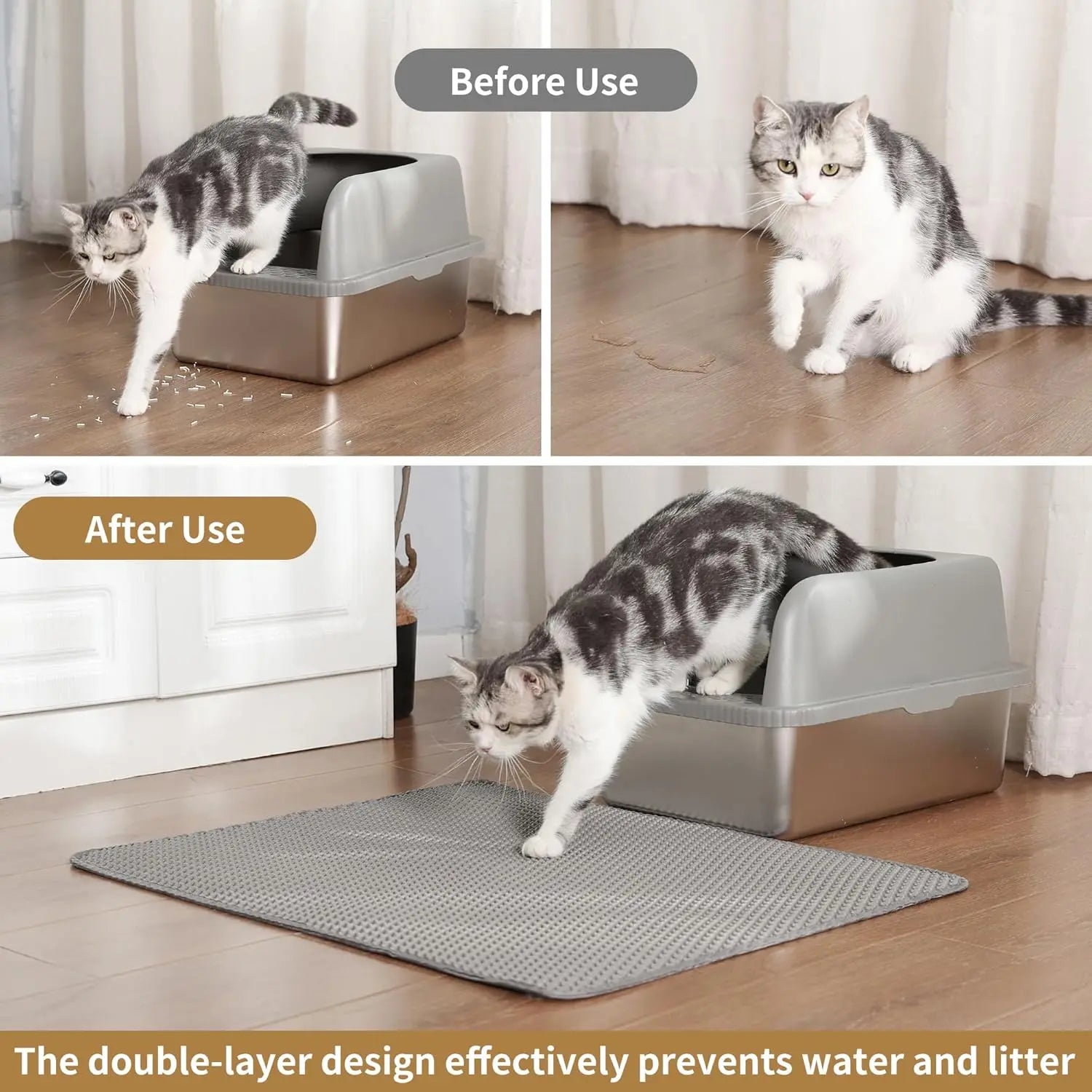Cat Litter Mat ，60x45cm Double-Layer Honeycomb Design, Waterproof & Urine-Proof, Traps Litter to Keep Floors Clean(Gray) Wholesale Hub