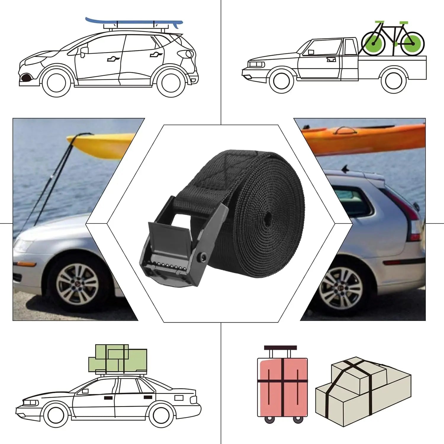 Cinch Tie Down Strap Lashing Straps Heavy Duty Nylon Straps with Cam Buckles for Cargo, Trucks, Boat, Motorcycle,SUP, Kayak, Canoe, Trailer (1m, Black - 4 Pack) Wholesale Hub