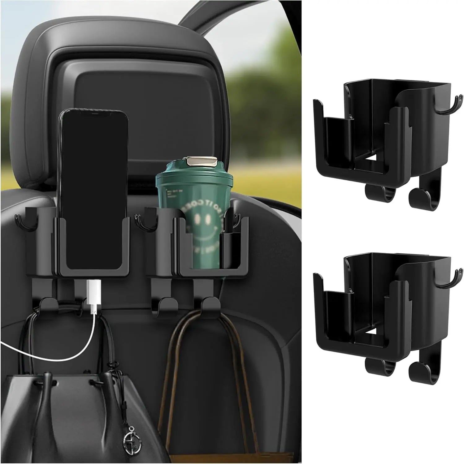 2PCS Multifunctional Car Cup Holder + Car Phone Holder + Car Purse Hook,Hanging Back Seat Car Organizer with Headrest Hooks,Universal Car Organizer Car Accessories Interior Wholesale Hub