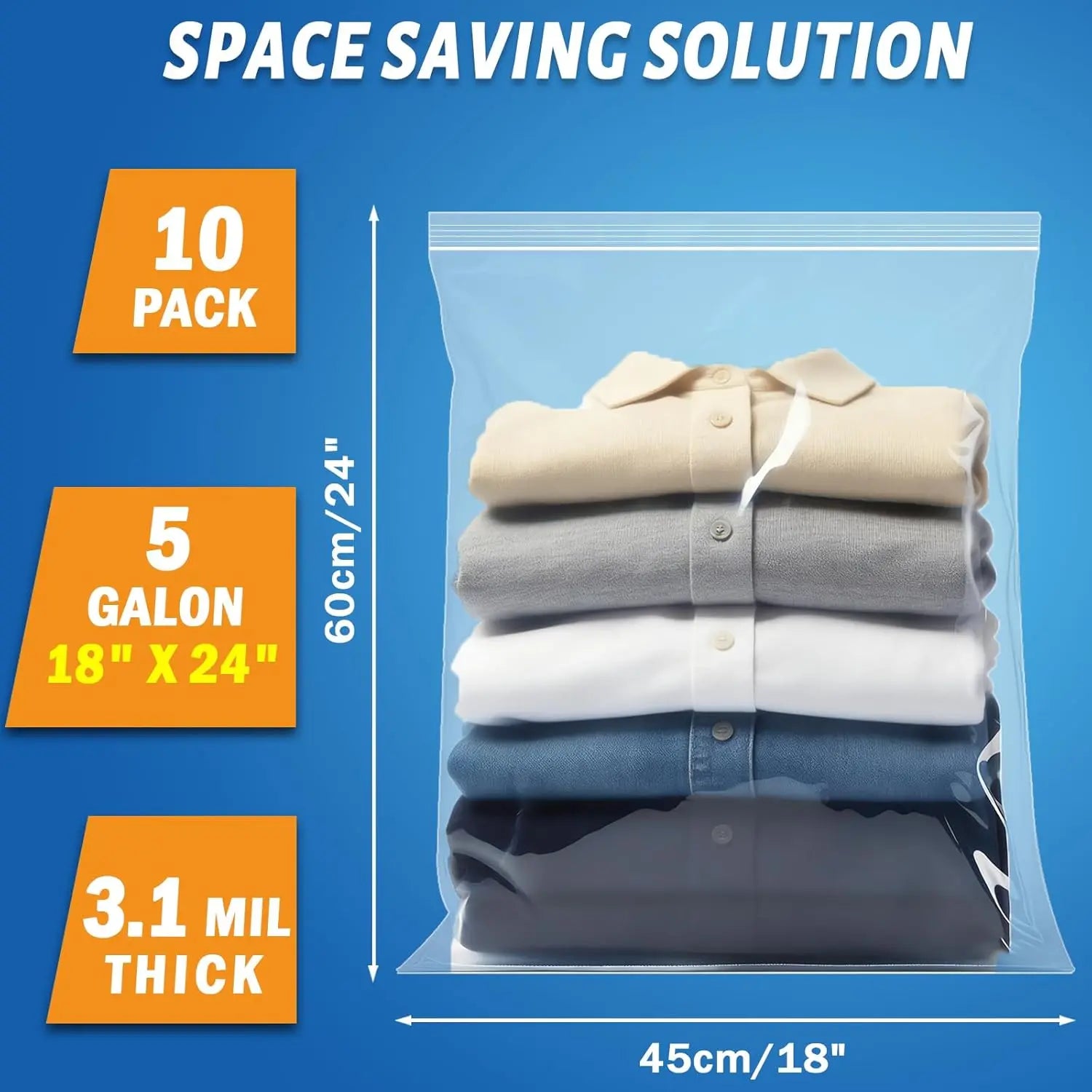 Extra Large Storage Bags - Zipper Seal, 3.1-mil Thick, Heavy Duty, 5 Gallon 18" x 24", Jumbo Plastic Bags for Clothes, Travel, Moving, Large Reusable Freezer Bags, BPA-Free (10 Count) Wholesale Hub
