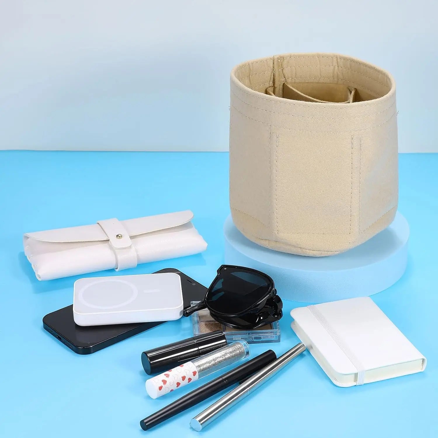 Purse Organizer Insert, Portable Felt Organizer Bags Round Multiple Compartments Purse Liner for Bucket Bag, Domed Satchel, Tote Bag, Handbag Shaper (8" x 4" x 5.5", Beige) Wholesale Hub