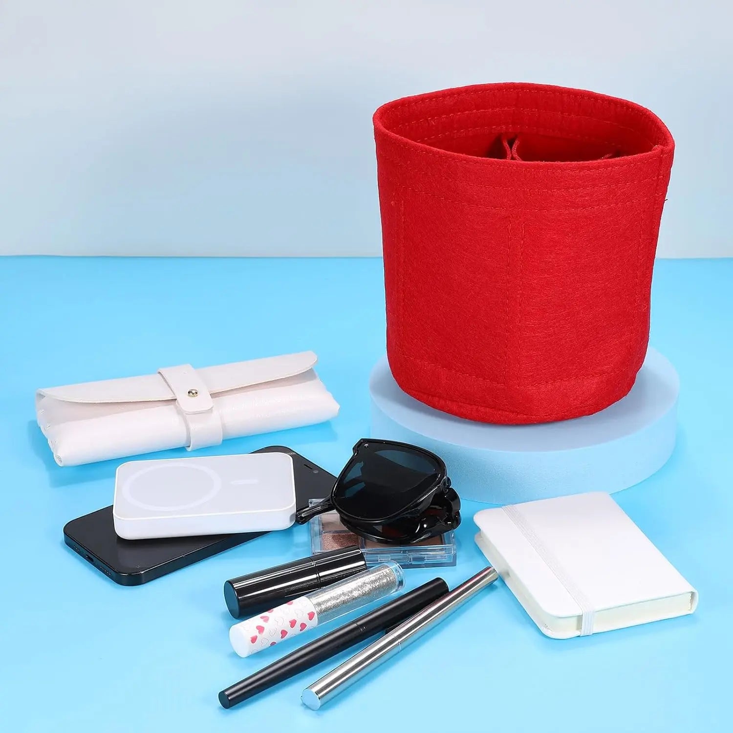 Purse Organizer Insert, Portable Felt Organizer Bags Round Multiple Compartments Purse Liner for Bucket Bag, Domed Satchel, Tote Bag, Handbag Shaper (6" x 6", Red) Wholesale Hub
