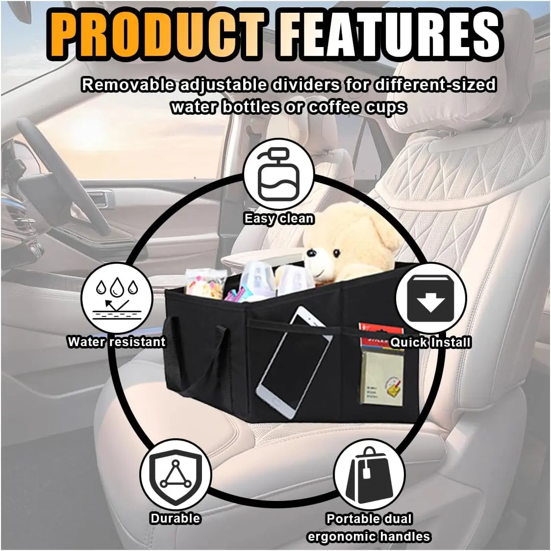 Car Seat Organizer, Foldable Car Storage Organizer with 4 Cup Holders, Rear & Front Seat Storage Bags, Black Wholesale Hub