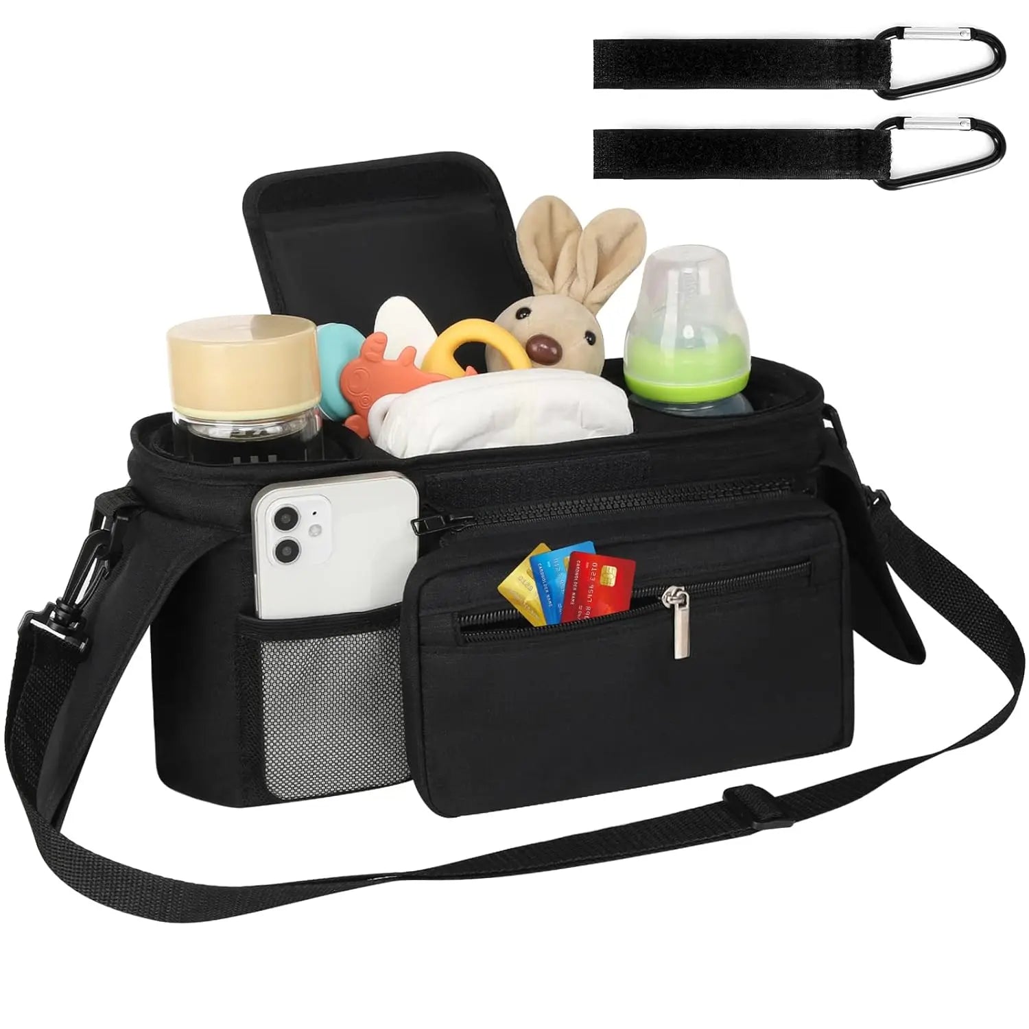 Universal Stroller Organizer with Insulated Cup Holder Detachable Phone Bag and Shoulder Strap,Stroller Bag Caddy Organizer Fits for Uppababy, Baby Jogger, Britax Strollers Wholesale Hub