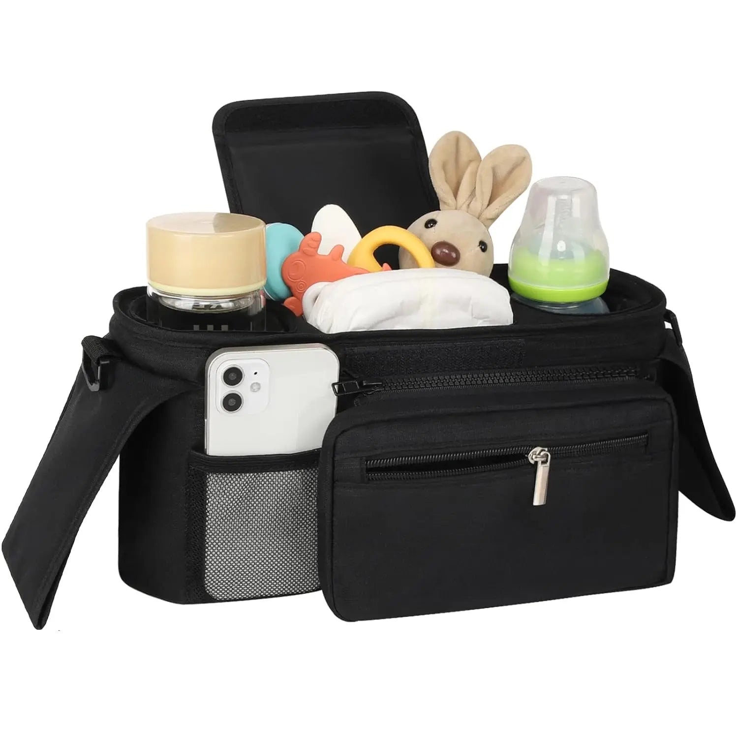 Universal Stroller Organizer with Insulated Cup Holder Detachable Phone Bag and Shoulder Strap,Stroller Bag Caddy Organizer Fits for Uppababy, Baby Jogger, Britax Strollers Wholesale Hub