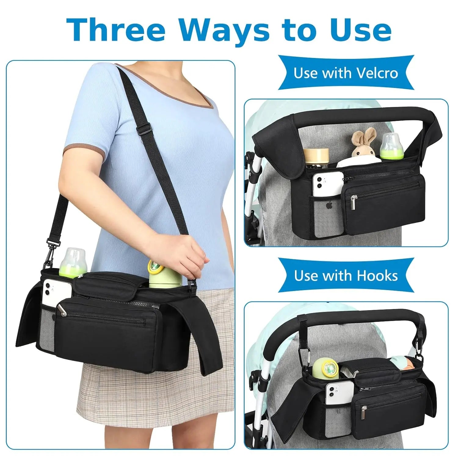 Universal Stroller Organizer with Insulated Cup Holder Detachable Phone Bag and Shoulder Strap,Stroller Bag Caddy Organizer Fits for Uppababy, Baby Jogger, Britax Strollers Wholesale Hub