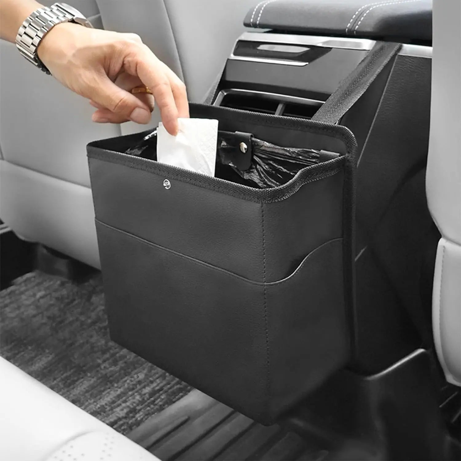 Car Trash Can with Pocket, Small Vehicle Dustbin Automotive Garbage Organizer Bin with 60 Pcs Trash Bags, Hanging Cars Storage Container for SUV Vans (Black) Wholesale Hub