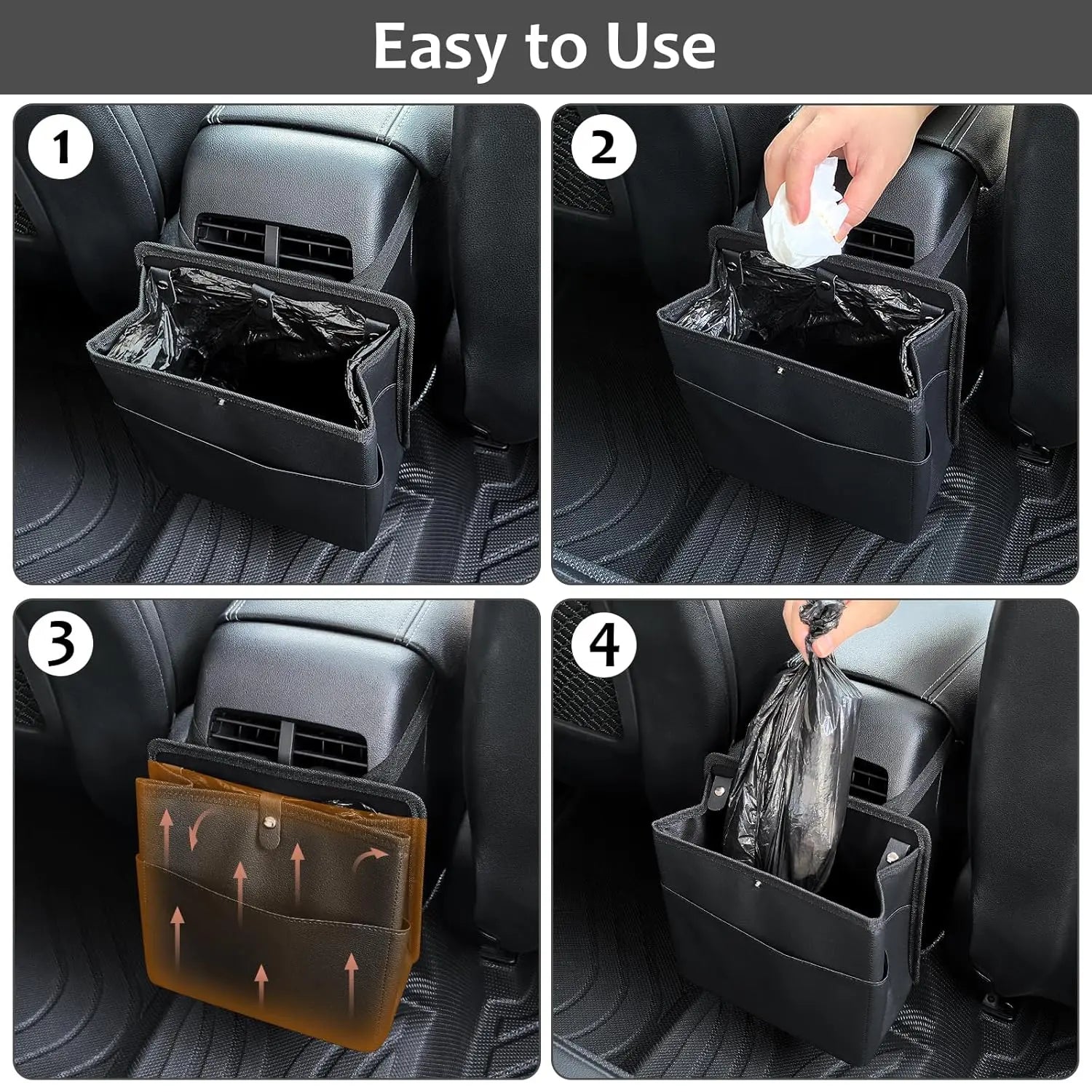 Car Trash Can with Pocket, Small Vehicle Dustbin Automotive Garbage Organizer Bin with 60 Pcs Trash Bags, Hanging Cars Storage Container for SUV Vans (Black) Wholesale Hub