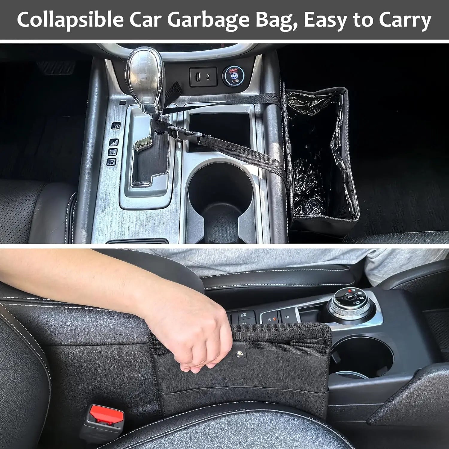 Car Trash Can with Pocket, Small Vehicle Dustbin Automotive Garbage Organizer Bin with 60 Pcs Trash Bags, Hanging Cars Storage Container for SUV Vans (Black) Wholesale Hub