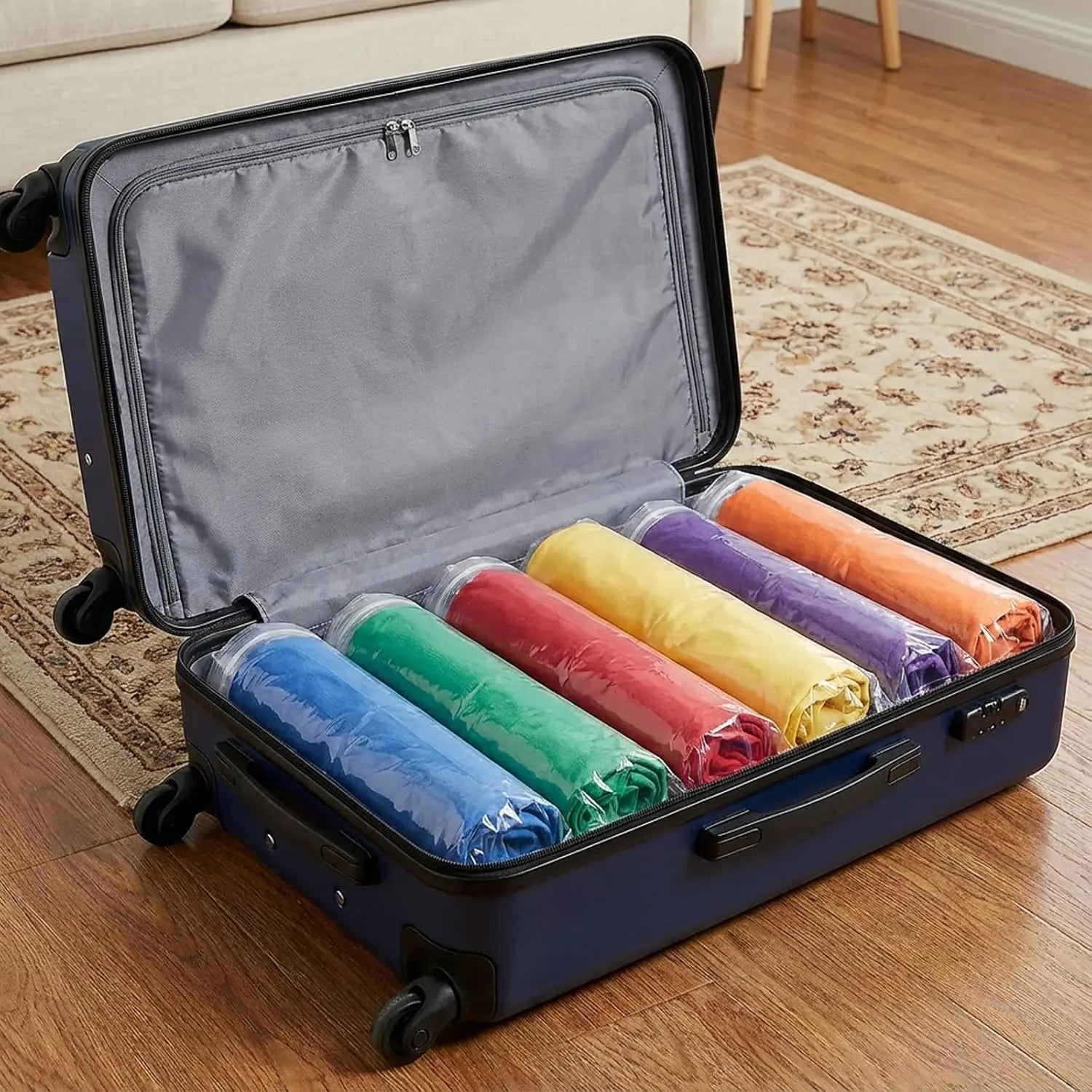 4-Pack Vacuum Compression Space Saving Storage Bags - 13.8 x19.7in Roll-Up Travel Vacuum Seal Bags for Clothing Packing, Cruise Accessories, Luggage & Home Organizers - No Vacuum or Pump Needed Wholesale Hub
