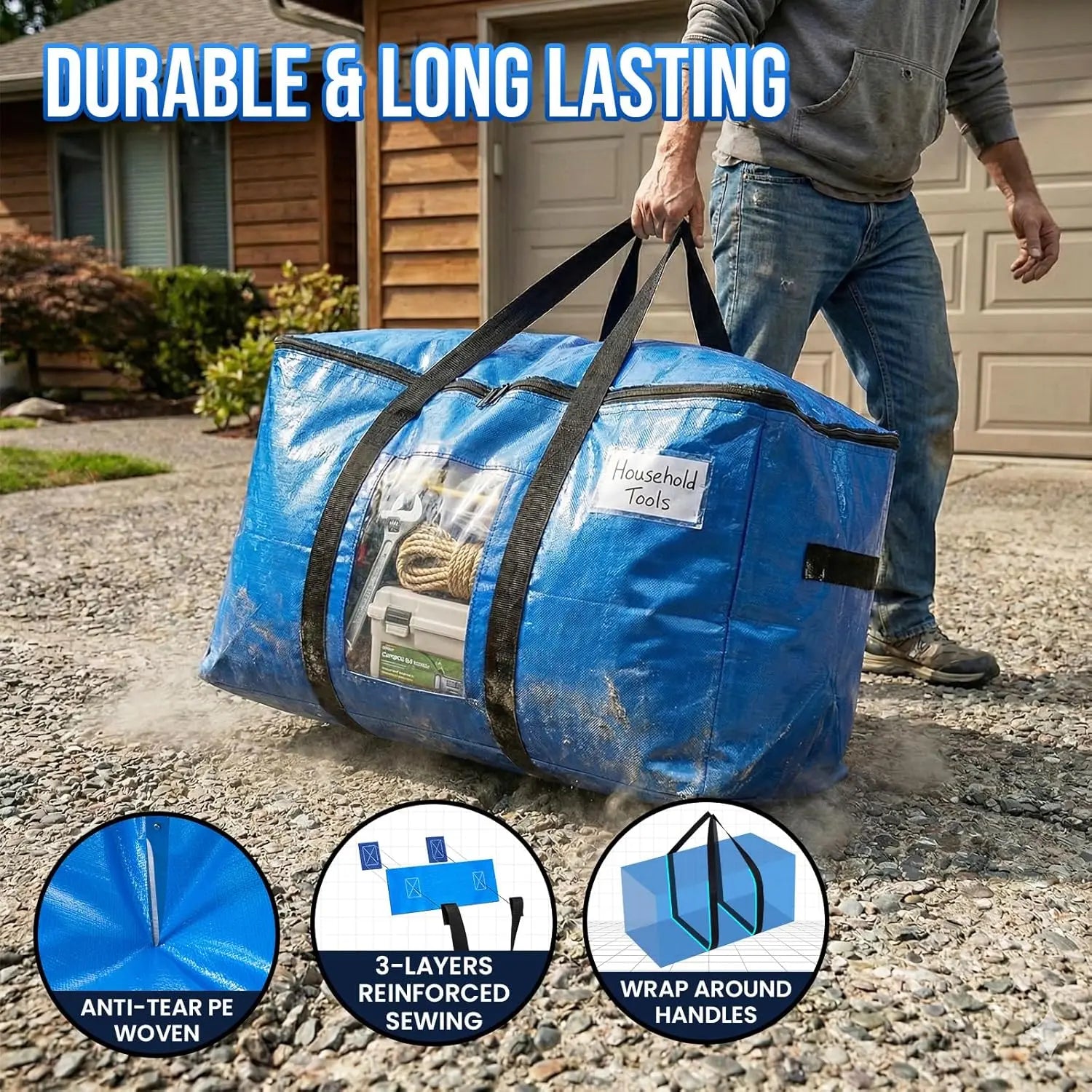 Extra Large Moving Bags, 4 Pack Blue Heavy Duty Totes For Storage with Visible Window, Wrap Around Handles, Storage Bags for Space Saving, Alternative to Moving Boxes Wholesale Hub