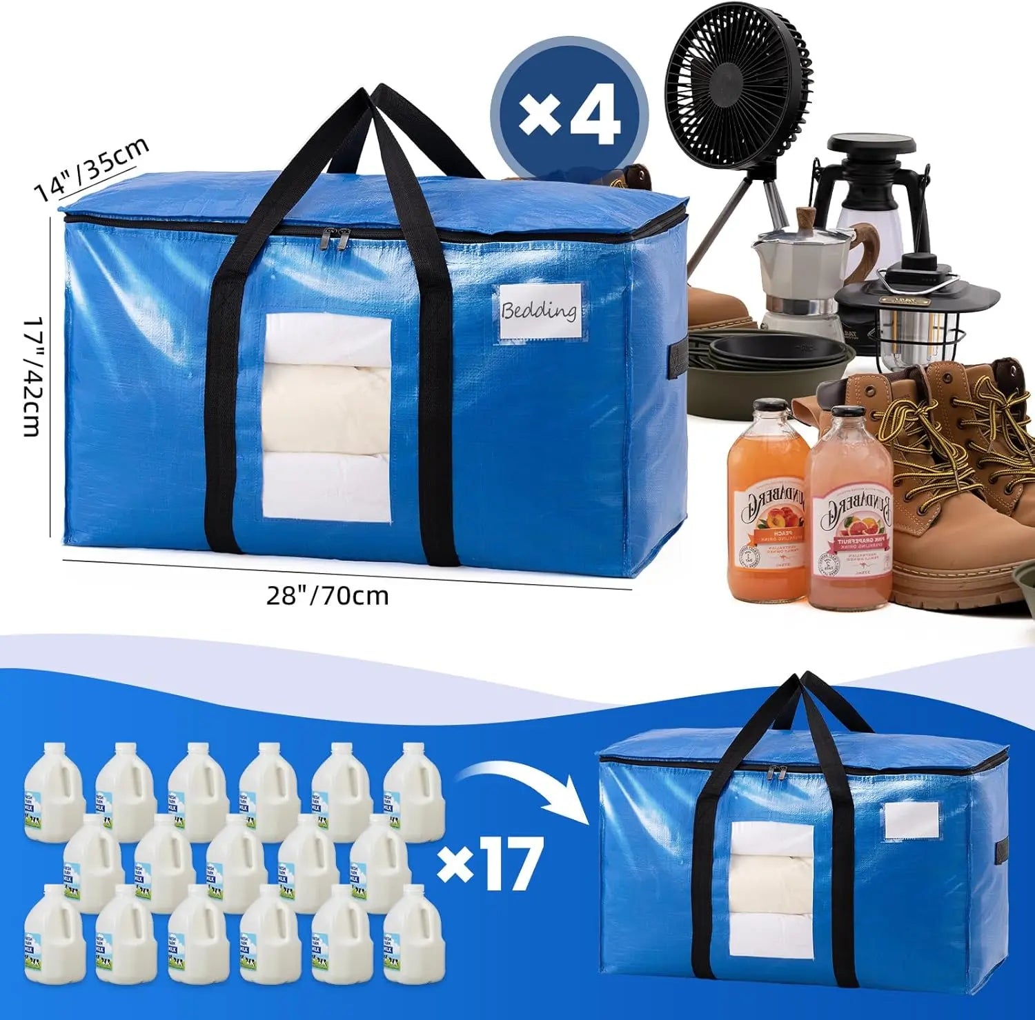 Extra Large Moving Bags, 4 Pack Blue Heavy Duty Totes For Storage with Visible Window, Wrap Around Handles, Storage Bags for Space Saving, Alternative to Moving Boxes Wholesale Hub