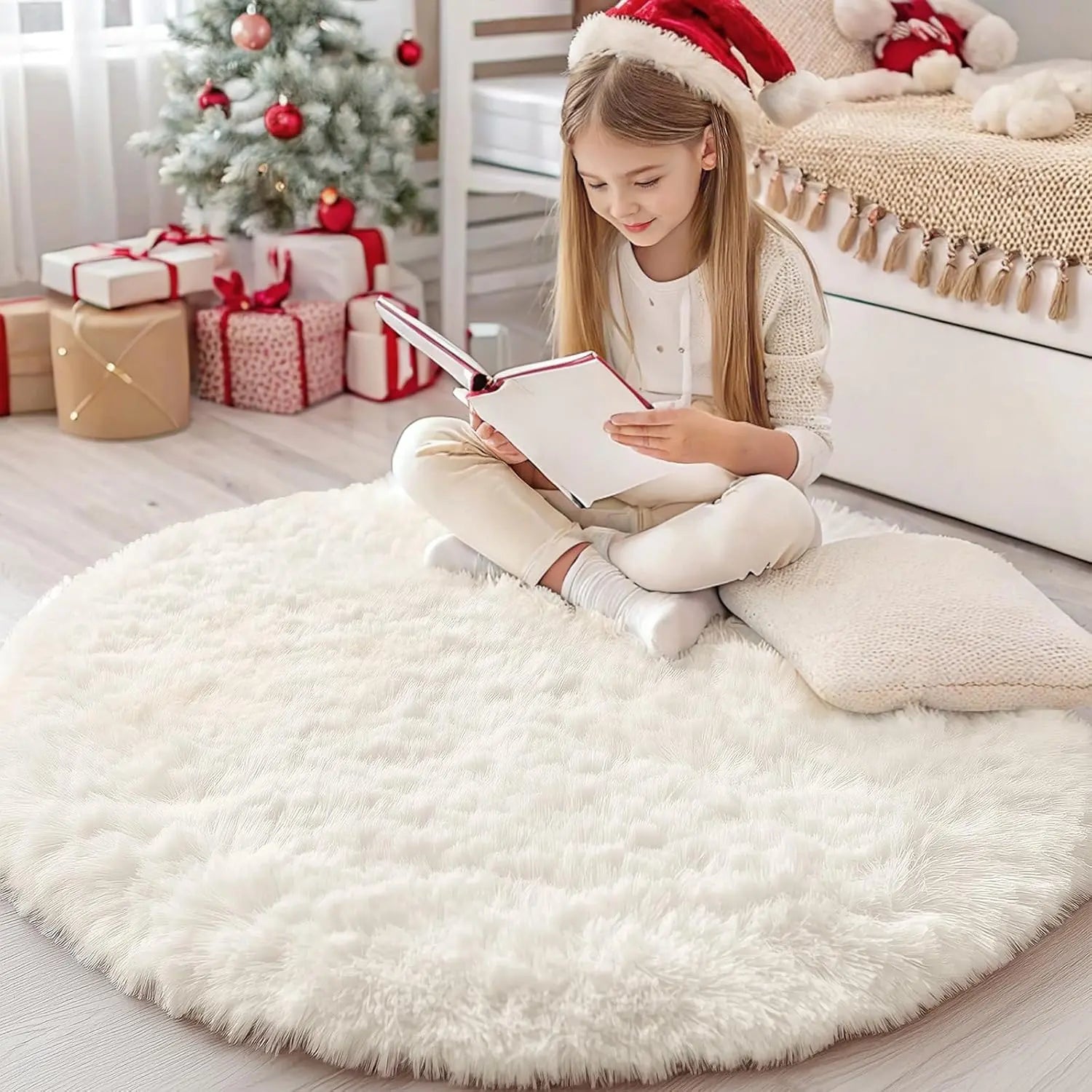 Cream White Round Rugs for Bedroom, 4 Ft Machine Washable Circle Area Rugs for Living Room, Non-Slip Fluffy Carpet for Teen Girls and Boys, Dorms, Nursery Rooms, Home Decor Aesthetic Wholesale Hub