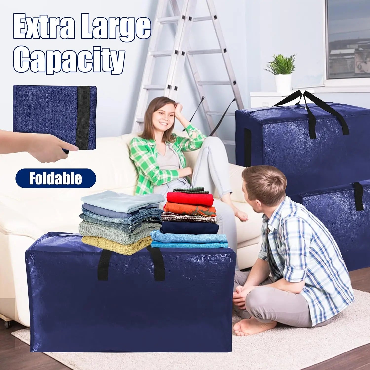 6 Pack Extra Large Moving Bags with Strong Zippers & Carrying Handles, Heavy Duty Storage Tote for Space Saving Moving Storage, Fold Flat, Alternative to Moving Box (Navy Blue) Wholesale Hub