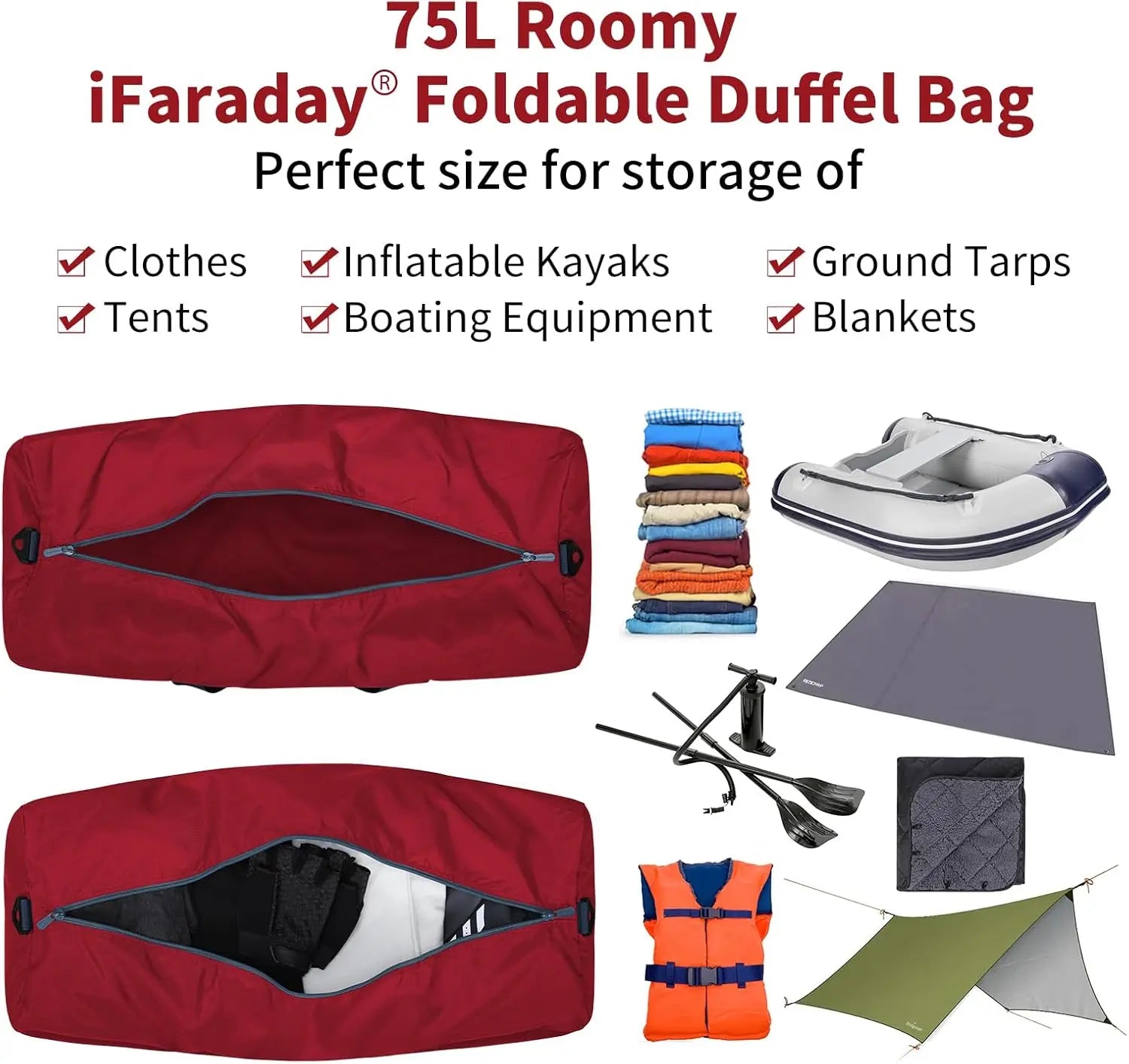 Foldable Duffle Bag 30 inch 75L Large Lightweight Luggage Bag for Travel Camping Storage-Red Wholesale Hub