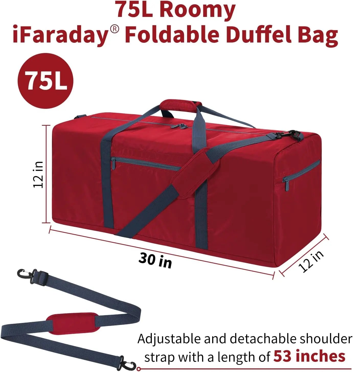 Foldable Duffle Bag 30 inch 75L Large Lightweight Luggage Bag for Travel Camping Storage-Red Wholesale Hub