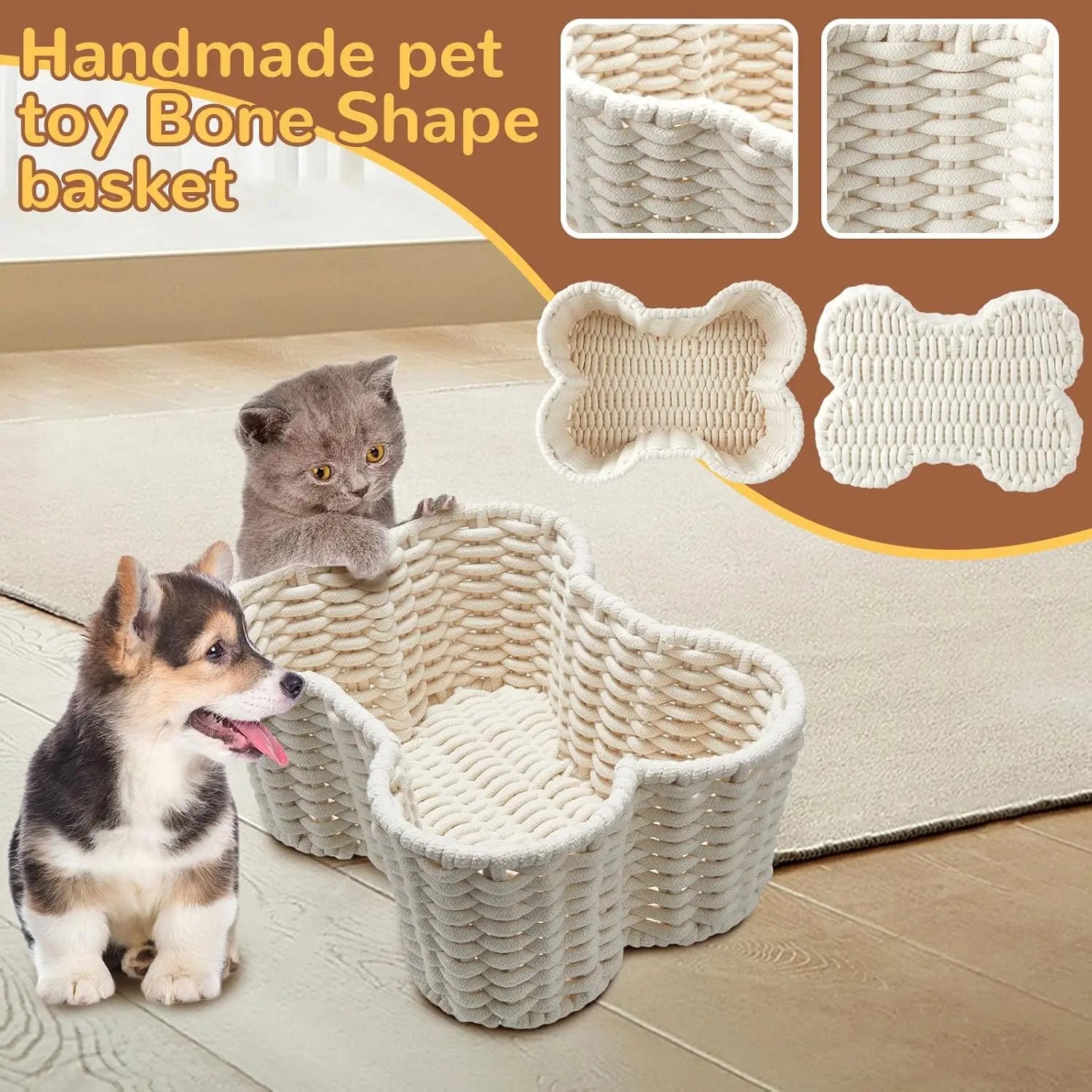 2 Pcs Dog Toy Basket Dog Toy Bin Bone Shaped Handmade Pet Organizer for Pet White Cotton Rope Basket (16.5 x 12.4 x 6.89 and 13.39 x 9.25 x 5.4) Wholesale Hub