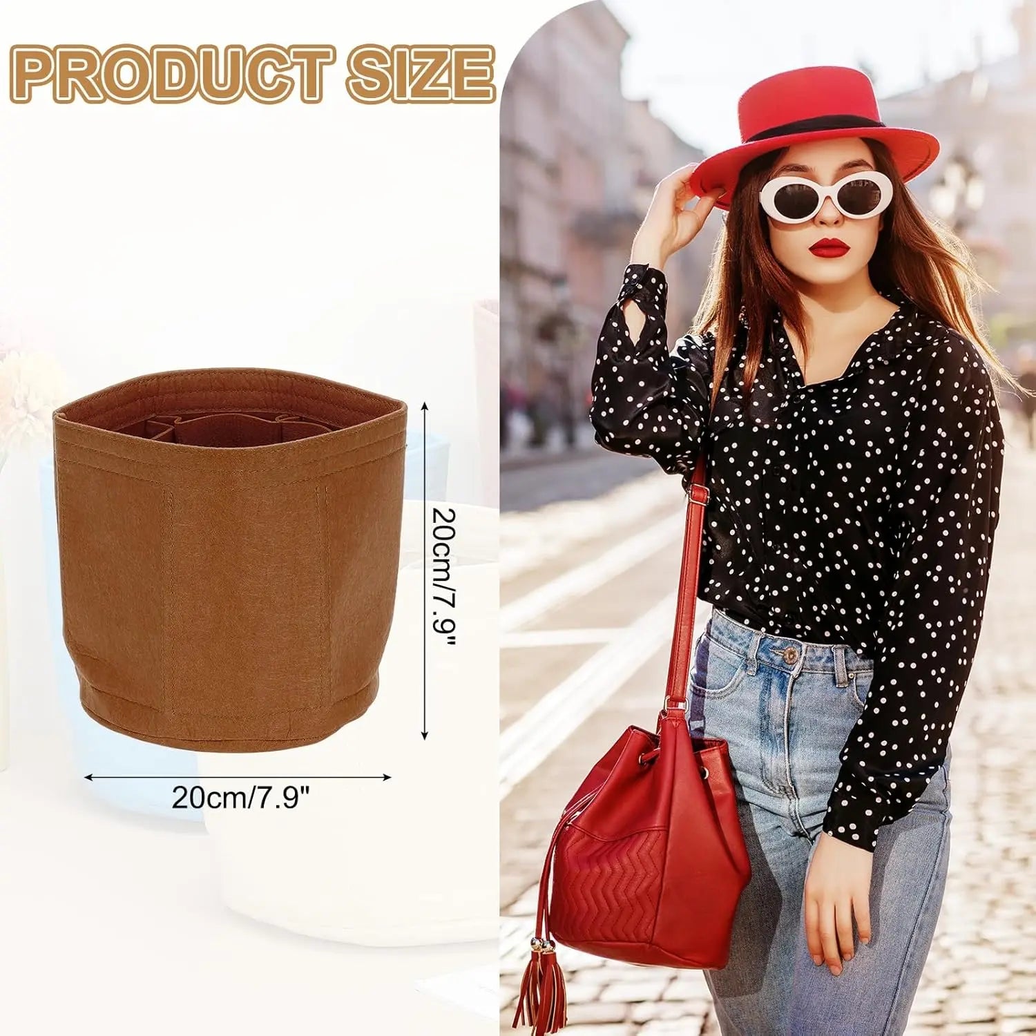 Purse Organizer Insert, 8" x 8" Portable Felt Organizer Bags Round Multiple Compartments Purse Liner for Bucket Bag, Domed Satchel, Tote Bag, Handbag Shaper, Camel Wholesale Hub