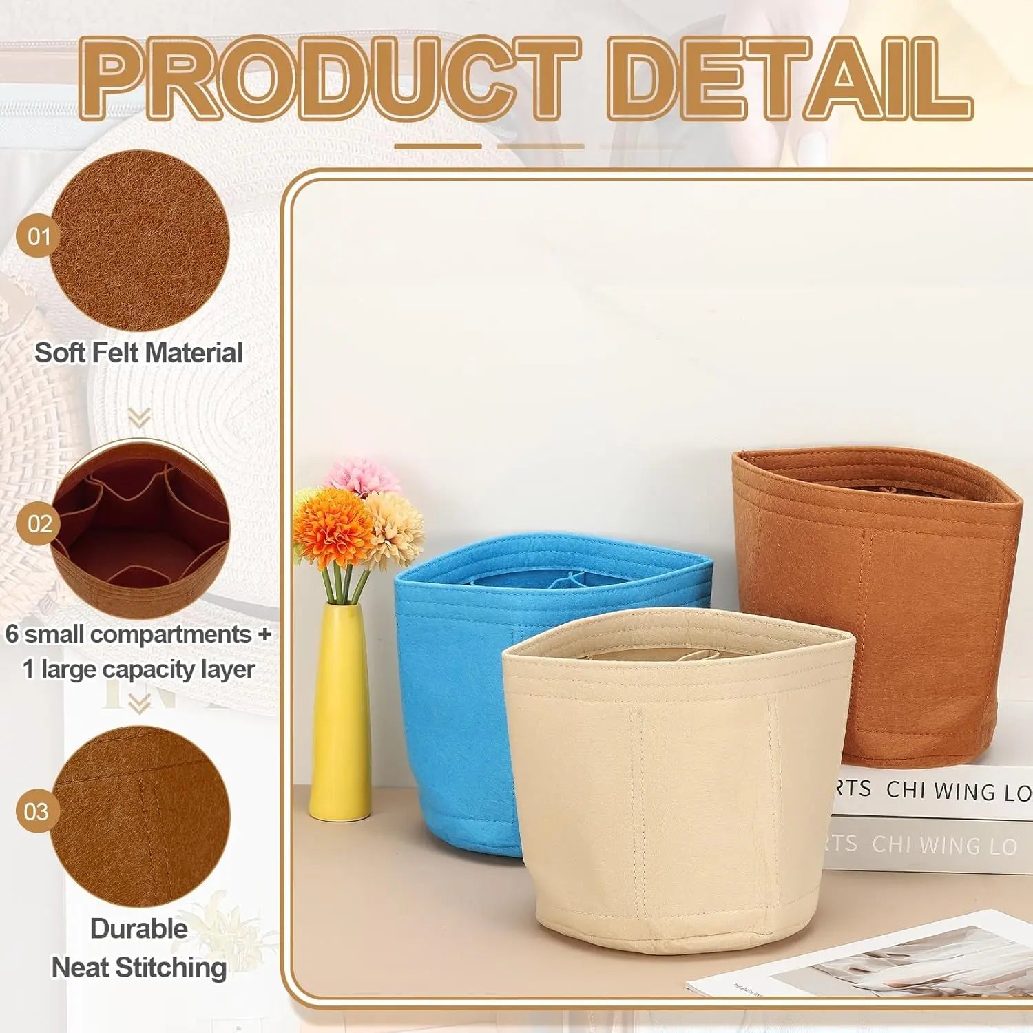Purse Organizer Insert, 8" x 8" Portable Felt Organizer Bags Round Multiple Compartments Purse Liner for Bucket Bag, Domed Satchel, Tote Bag, Handbag Shaper, Camel Wholesale Hub