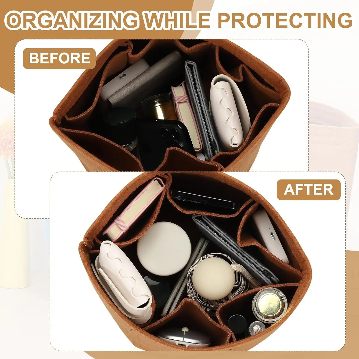 Purse Organizer Insert, 8" x 8" Portable Felt Organizer Bags Round Multiple Compartments Purse Liner for Bucket Bag, Domed Satchel, Tote Bag, Handbag Shaper, Camel Wholesale Hub