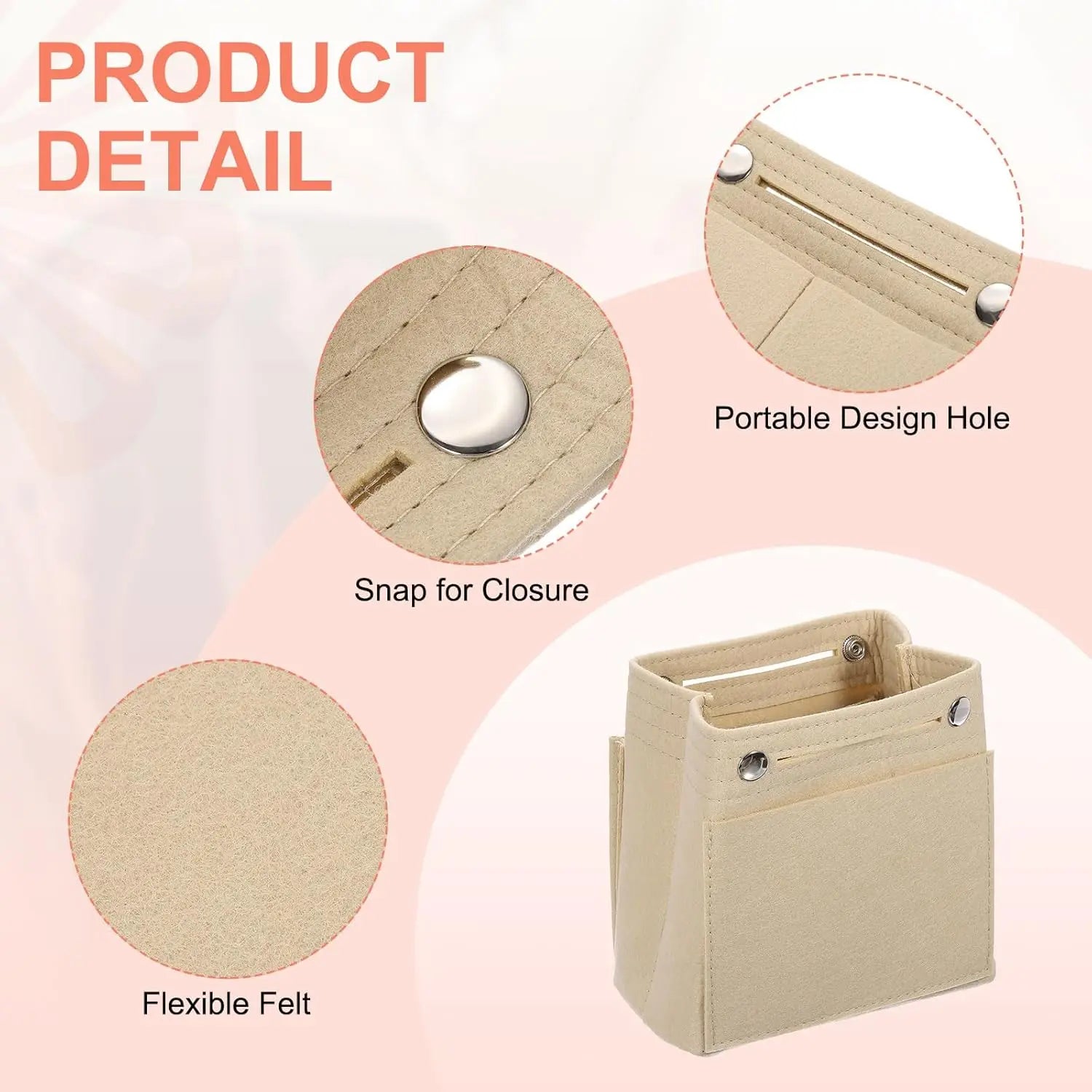 Purse Organizer Insert, Portable Felt Organizer Bags with Snap Multiple Compartments Purse Liner for Domed Satchel, Tote Bag, Handbag Shaper (7" x 4" x 6.3", Beige) Wholesale Hub