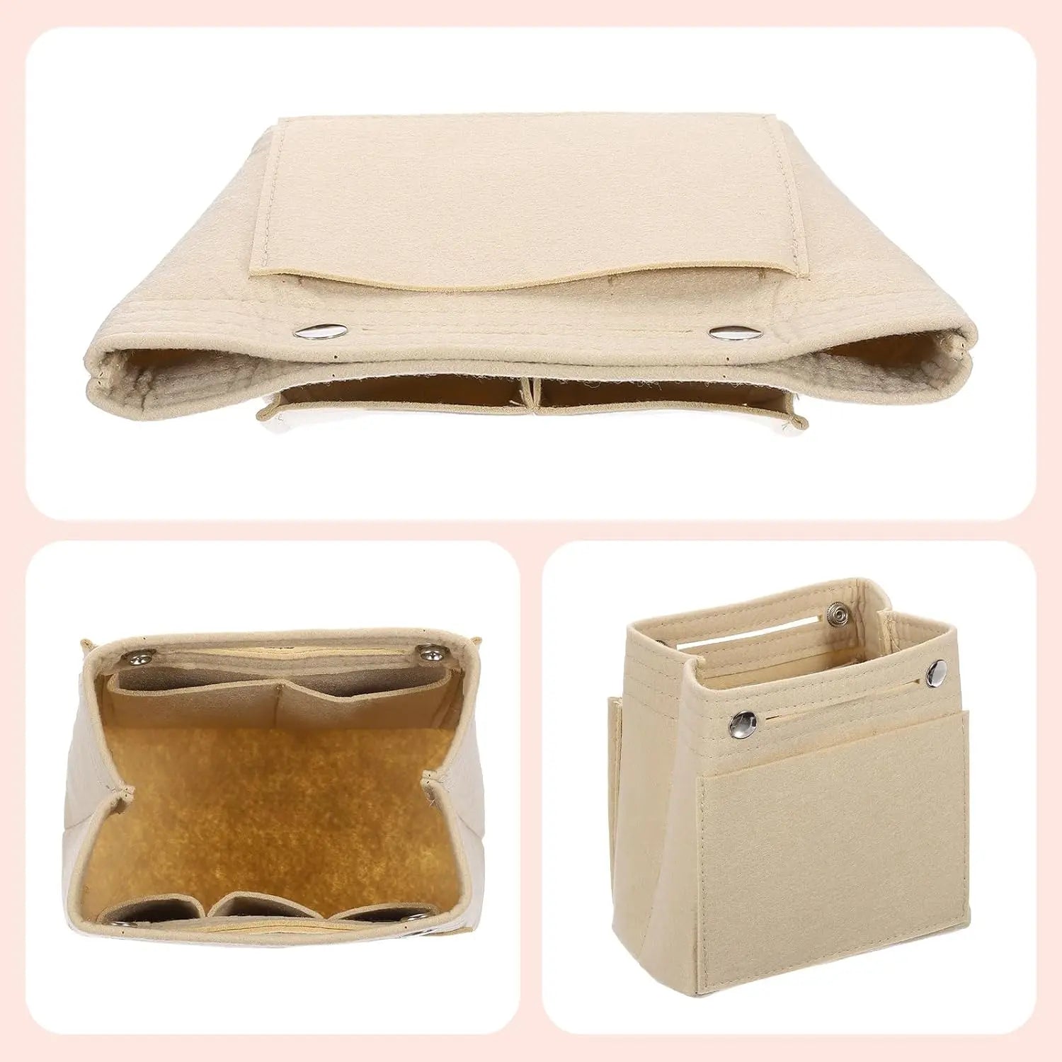 Purse Organizer Insert, Portable Felt Organizer Bags with Snap Multiple Compartments Purse Liner for Domed Satchel, Tote Bag, Handbag Shaper (7" x 4" x 6.3", Beige) Wholesale Hub