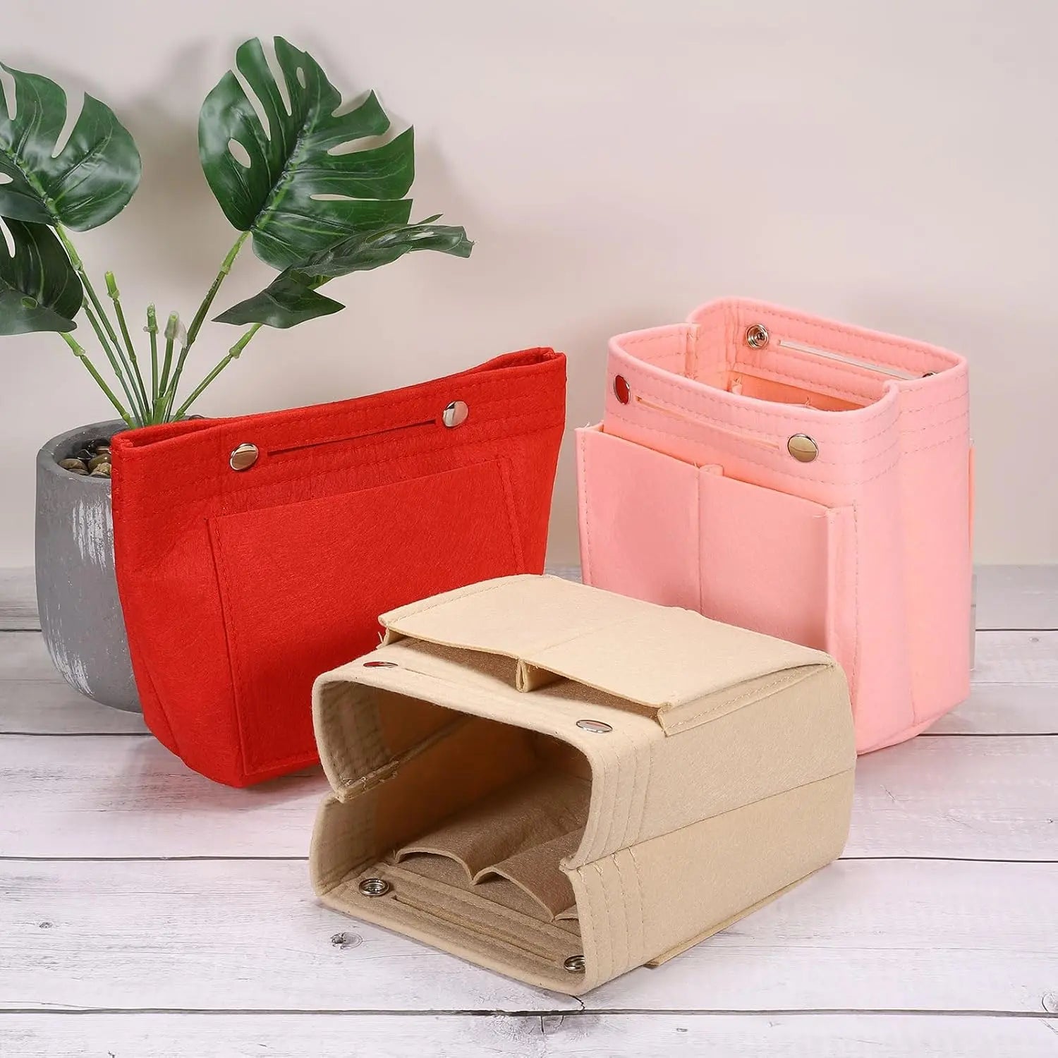 Purse Organizer Insert, Portable Felt Organizer Bags with Snap Multiple Compartments Purse Liner for Domed Satchel, Tote Bag, Handbag Shaper (7" x 4" x 6.3", Beige) Wholesale Hub