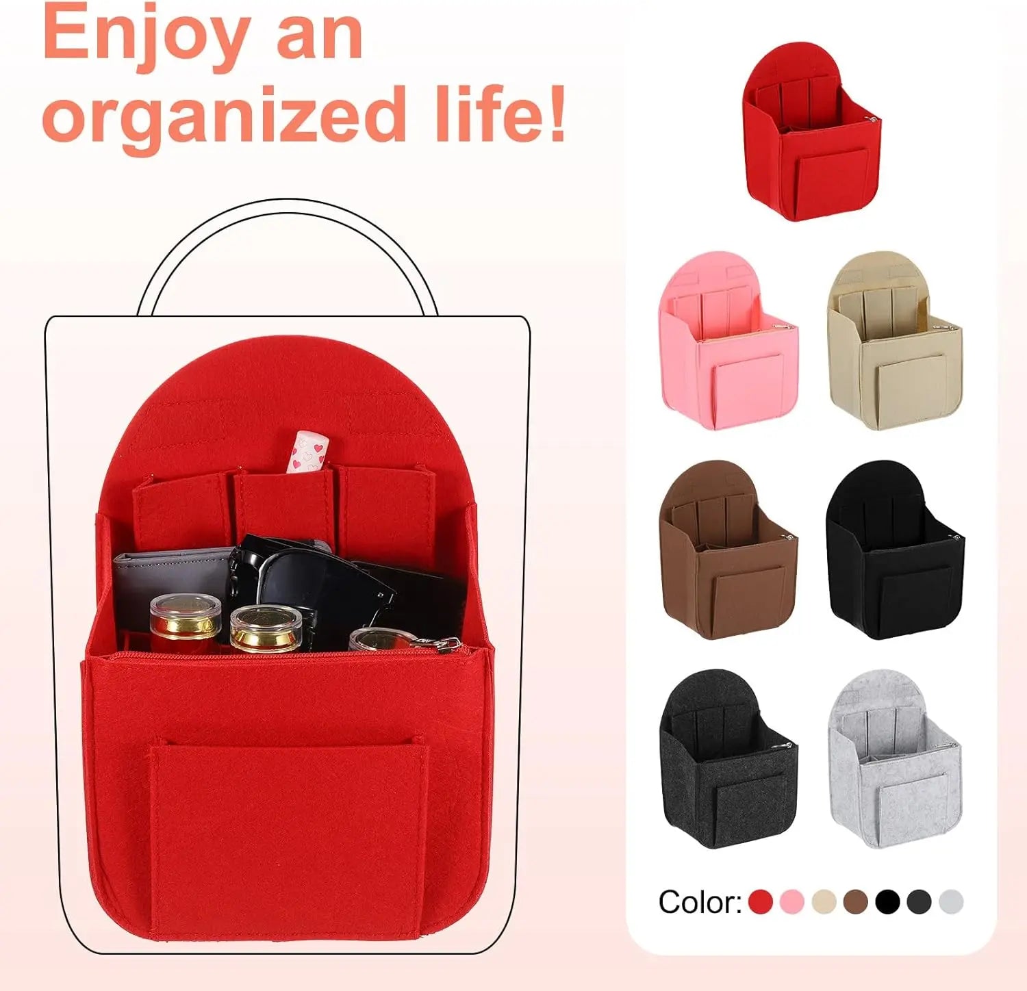 Purse Organizer Insert, Portable Felt Organizer Bags with Metal Zipper Multiple Compartments Purse Liner for Backpack Rucksack Handbag Shoulder Bag (7.7" x 5" x 11", Pink) Wholesale Hub