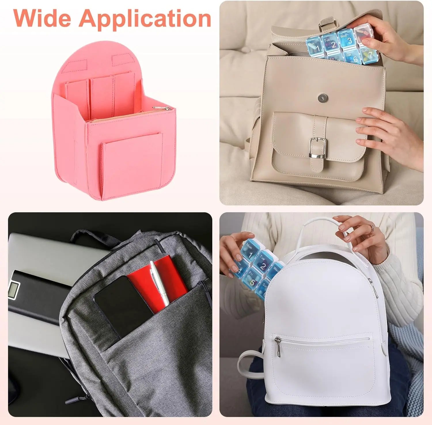 Purse Organizer Insert, Portable Felt Organizer Bags with Metal Zipper Multiple Compartments Purse Liner for Backpack Rucksack Handbag Shoulder Bag (7.7" x 5" x 11", Pink) Wholesale Hub