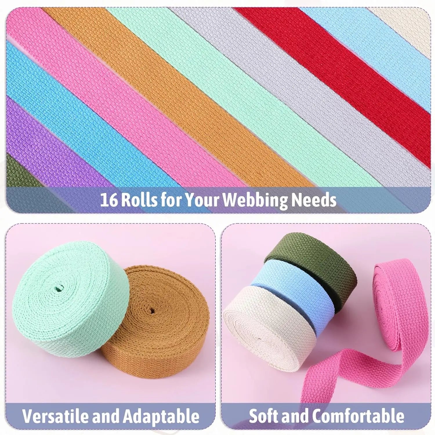 Vin Beauty 16 Rolls Cotton Webbing Strap 1 Inch Wide 3.3 Yard Polyester Webbing Straps for Bag Making Supplies, 16 Colors Nylon Twill Tape Strapping for Pets, DIY Crafts Furniture Backpack, Gardening Wholesale Hub