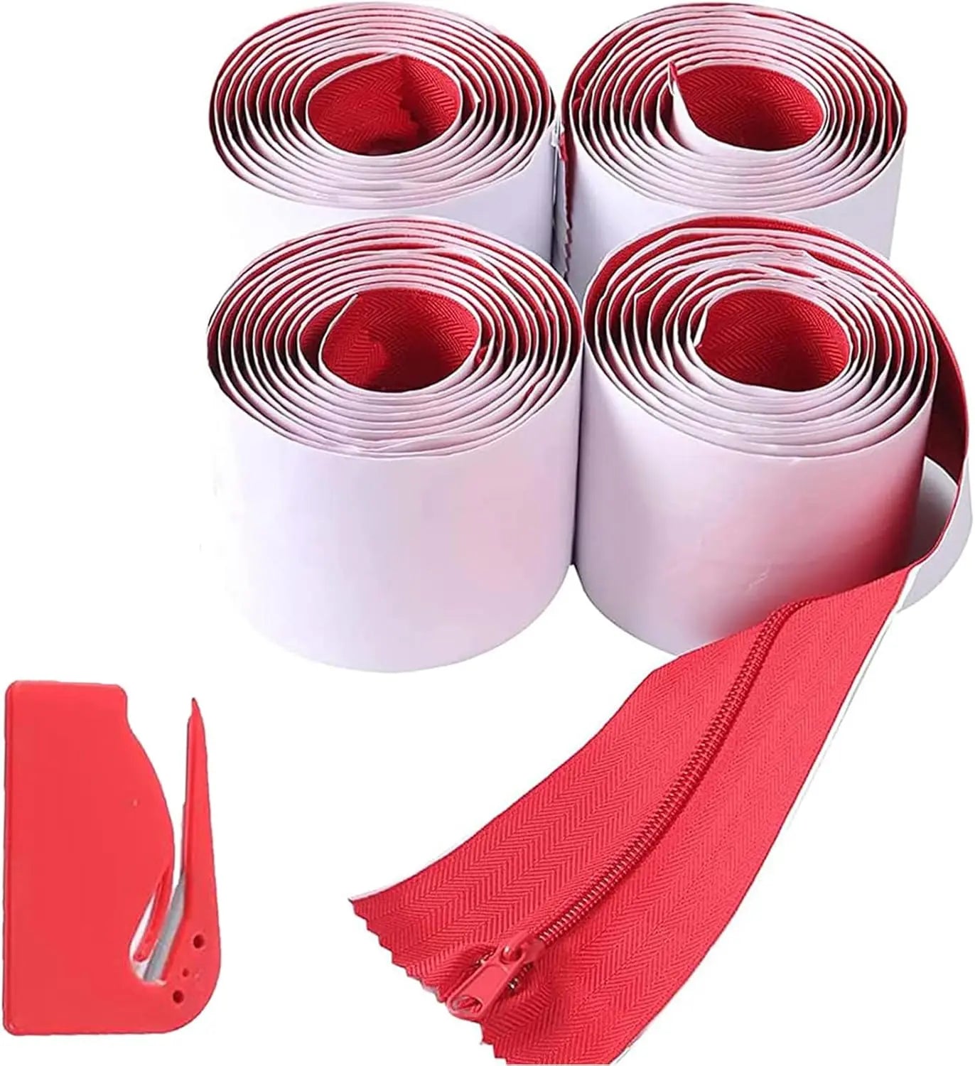 4-Pack Heavy-Duty Dust Protector Zipper (Red) - Self-Adhesive Instant Door Zipper - 7 Ft Length x 3" Width - Includes 4 Zippers and Plastic Sheeting Cutter Accessories Wholesale Hub