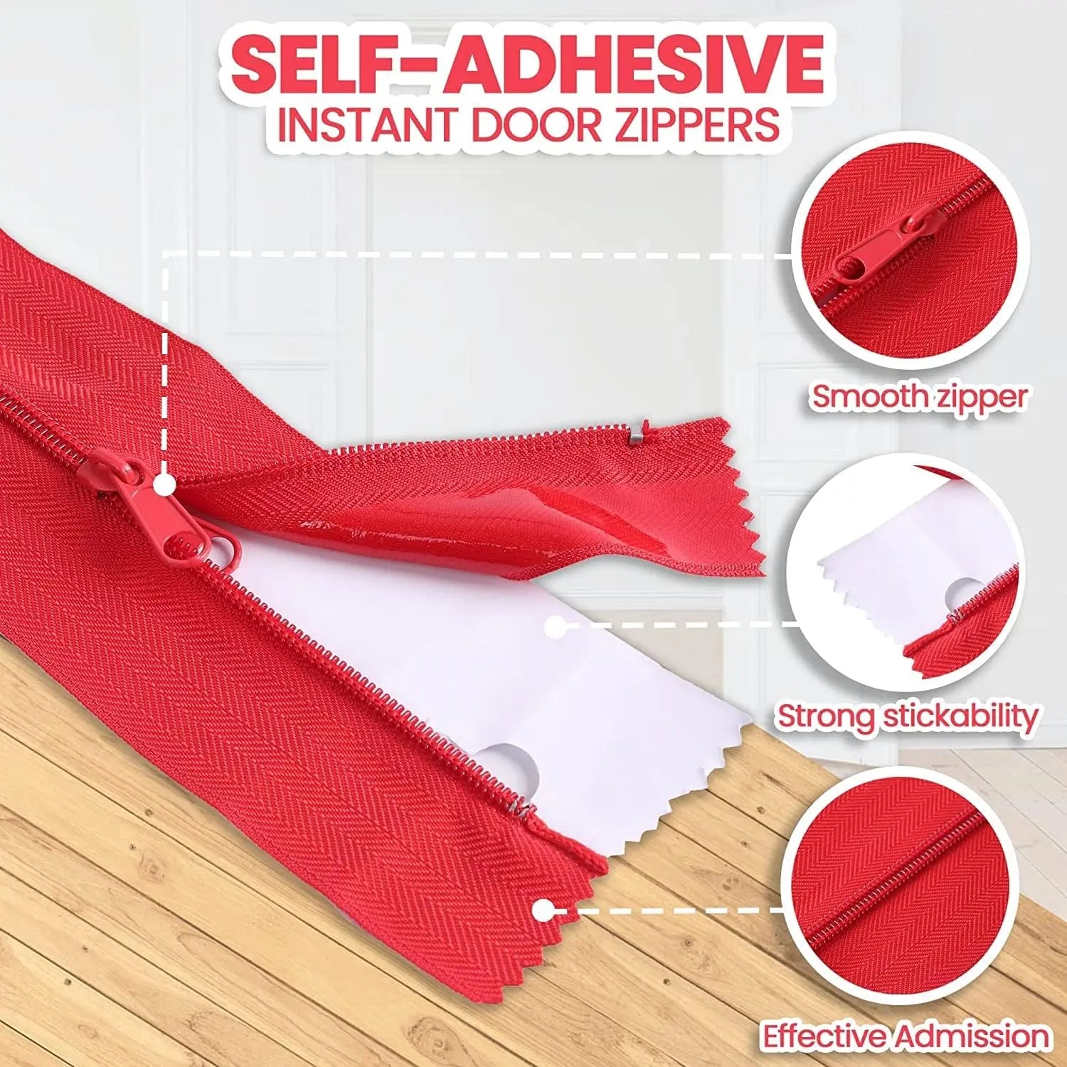4-Pack Heavy-Duty Dust Protector Zipper (Red) - Self-Adhesive Instant Door Zipper - 7 Ft Length x 3" Width - Includes 4 Zippers and Plastic Sheeting Cutter Accessories Wholesale Hub