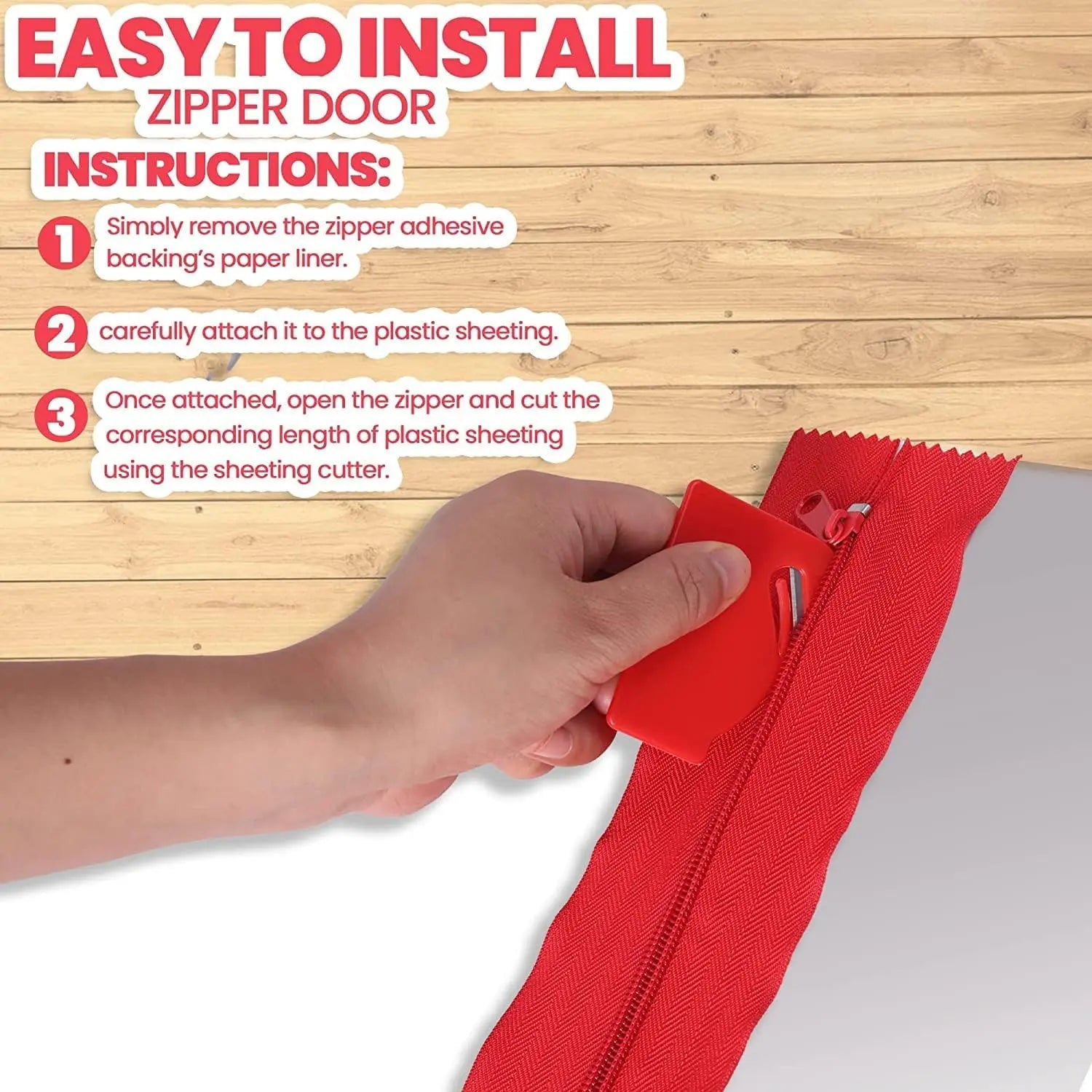 4-Pack Heavy-Duty Dust Protector Zipper (Red) - Self-Adhesive Instant Door Zipper - 7 Ft Length x 3" Width - Includes 4 Zippers and Plastic Sheeting Cutter Accessories Wholesale Hub