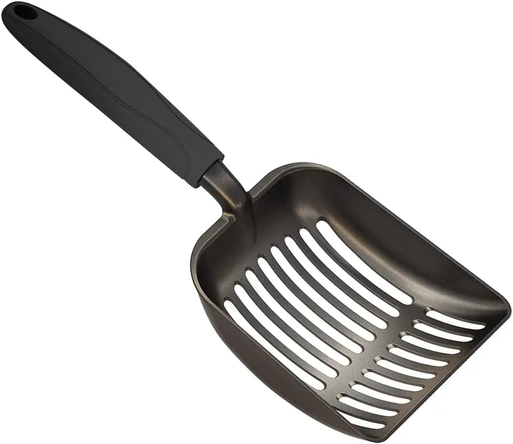 Cat Litter Scoop, Non-Stick Plated Aluminum Alloy Sifter, Kitty Durable Metal Scooper, Deep Shovel, Long Handle, Kitten Pooper Lifter, Size Medium, Coated Black Body with Black Handle Wholesale Hub