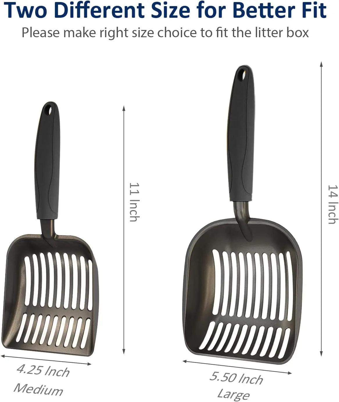 Cat Litter Scoop, Non-Stick Plated Aluminum Alloy Sifter, Kitty Durable Metal Scooper, Deep Shovel, Long Handle, Kitten Pooper Lifter, Size Medium, Coated Black Body with Black Handle Wholesale Hub