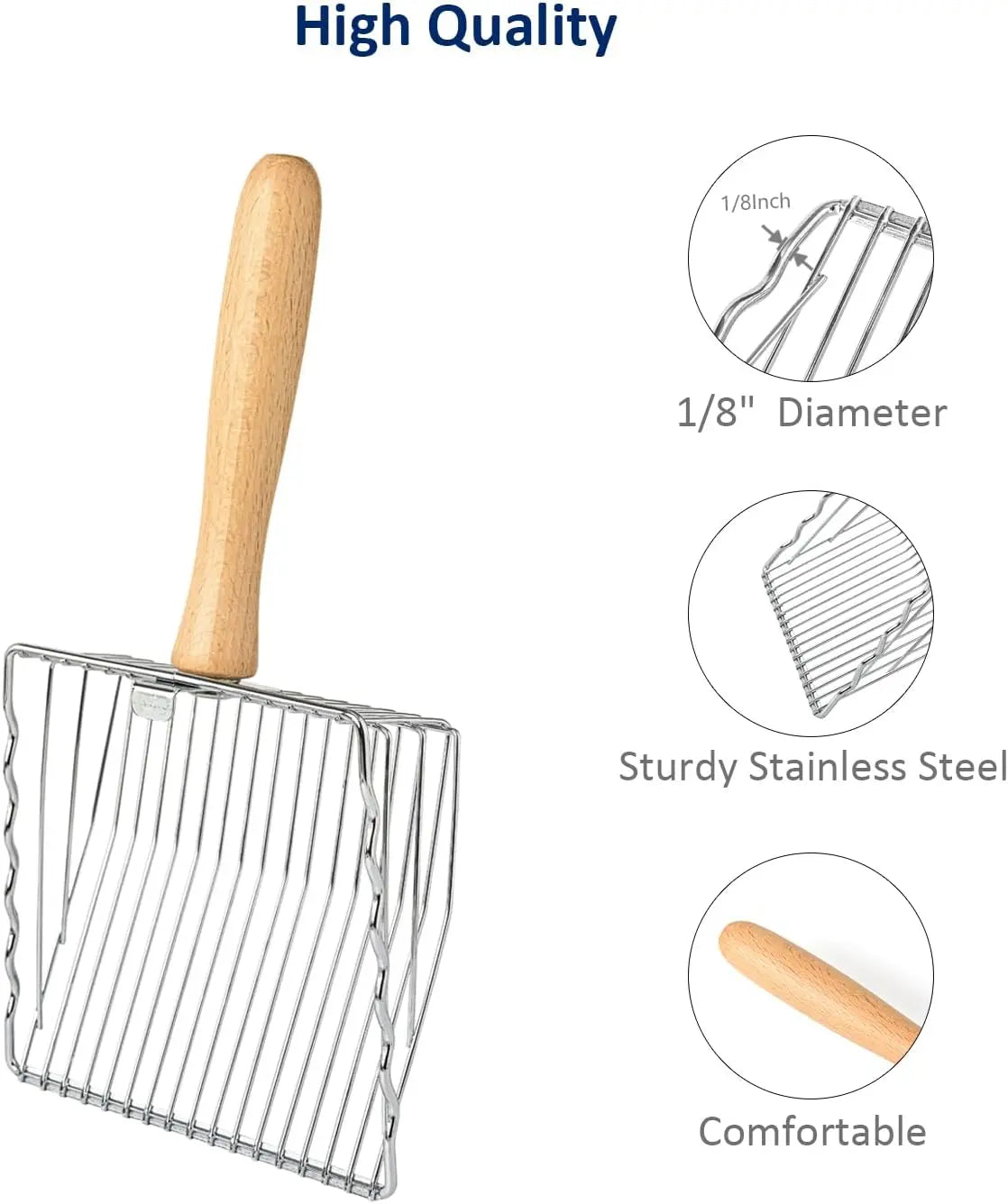 Premium Metal Cat Litter Scoop, 5X Faster Speed Sifter, Heavy Duty Steel Kitty Scooper, Beech Wood Handle, for All Litter Types, Silver Wholesale Hub