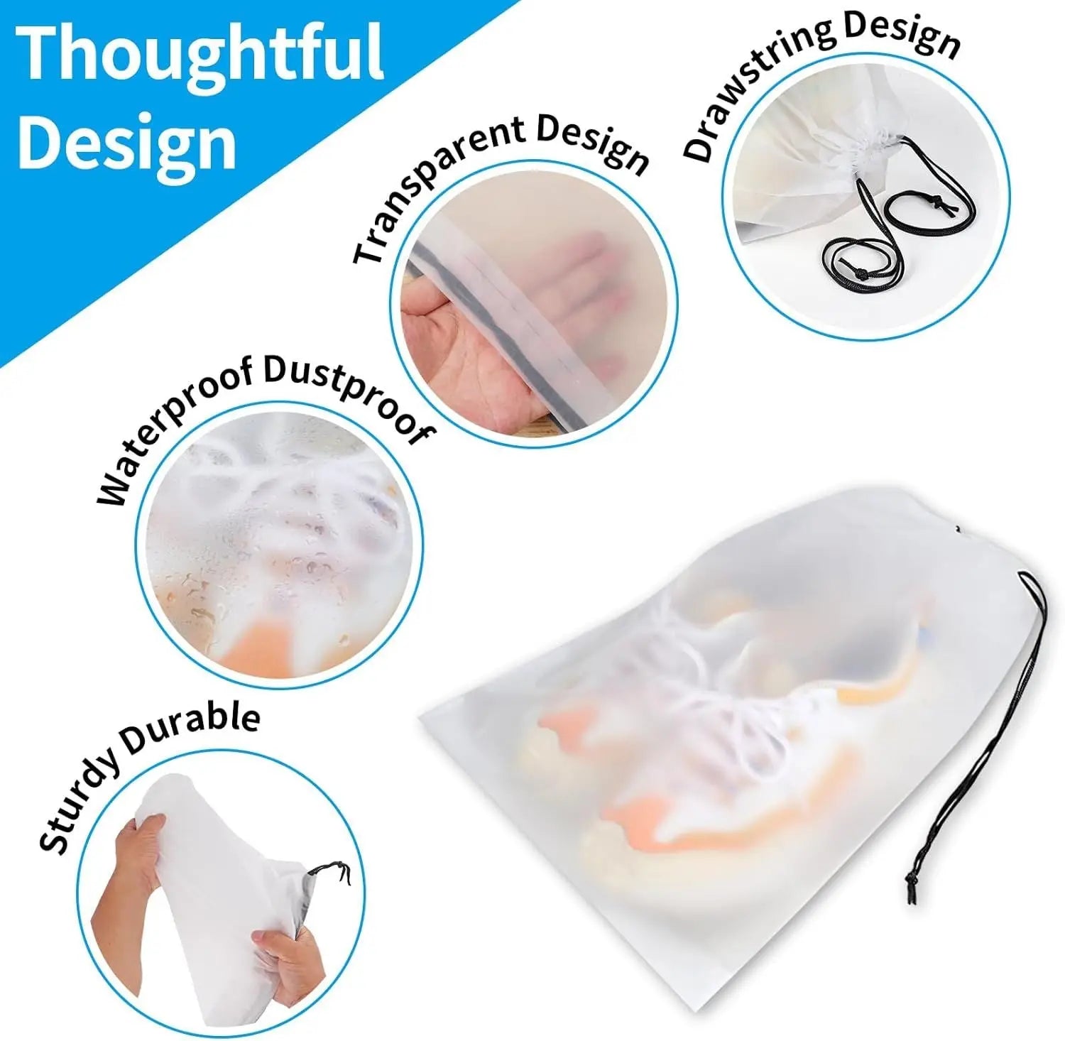 , Waterproof Travel Drawstring Shoe Bags for Packing, Storage, Travel Essentials for Men and Women, 15.7 x 11.8 inches, Clear, 5 pieces Wholesale Hub