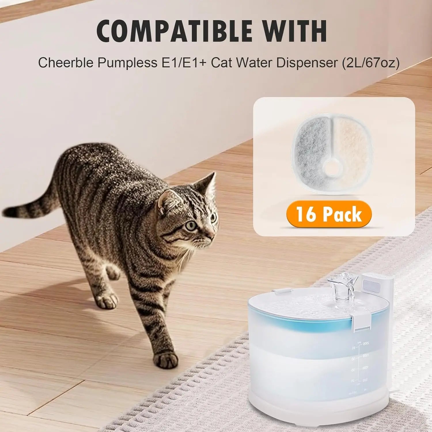 Filter Replacements Compatible with E1/E1+ Cat Fountain (2L/67oz), 16 Pack refills of 1 Year Set for Pet Water Fountain Wholesale Hub