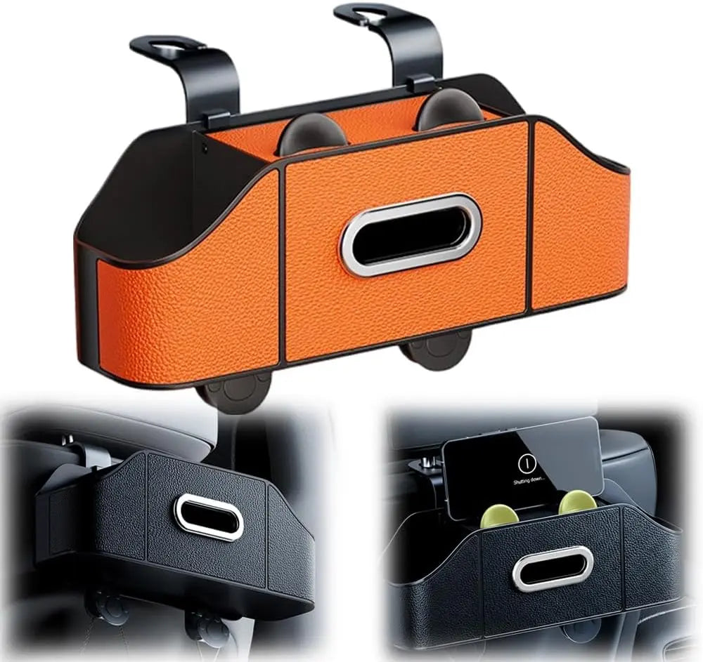 Multifunctional Car Back Seat Storage Organize with Tissue Holder, 2 Cup Holders and Purse Hooks, For Phones, Snacks, Drinks, Bags, Travel Storage (Orange) Wholesale Hub
