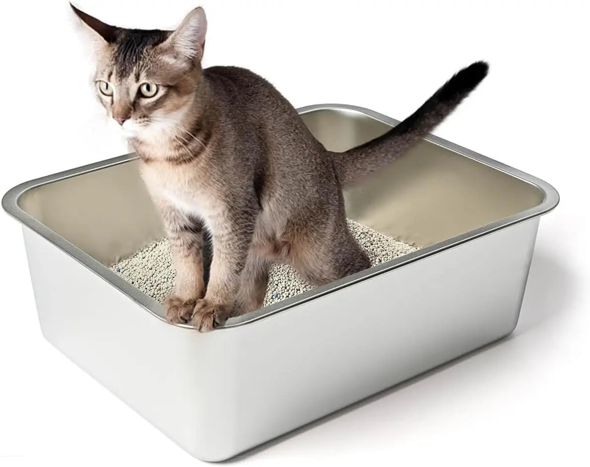 Stainless Steel Cat Litter Box, High Sides Kitten Toilet, Top Open Pet Tray, Non-Stick, Odorless, Rt-Resistant, Easy-Clean Pan, Silver Box (24x16x6 Inch) Wholesale Hub