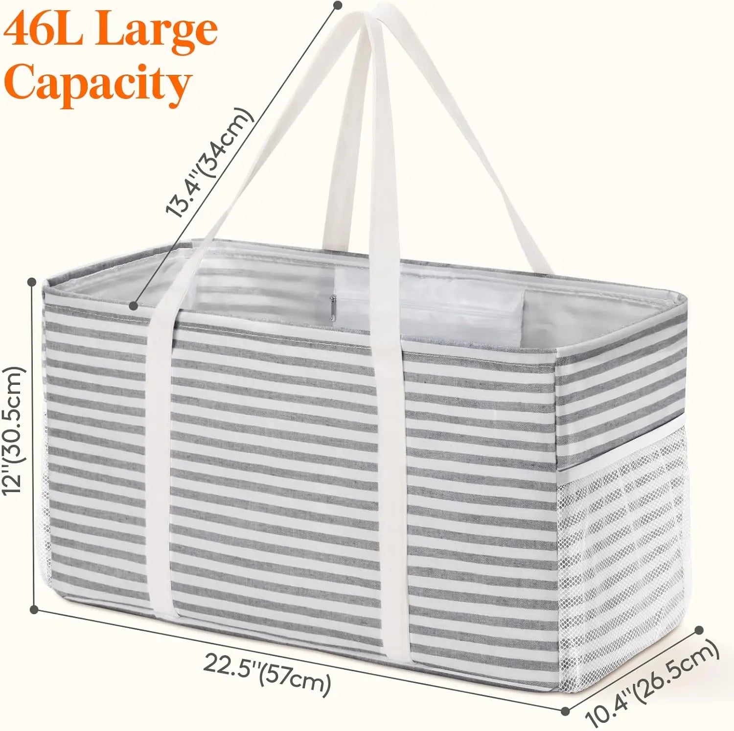 Extra Large Tote Bag, Reable Grocery Bags with Metal Wire Frame and Handles, Standing Utility Foldable Shopping Bags for Storage, Picnics, Beach, Laundry, Car, 46L, 1 Pack, Gray Wholesale Hub