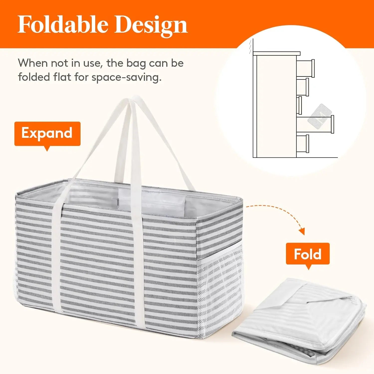 Extra Large Tote Bag, Reable Grocery Bags with Metal Wire Frame and Handles, Standing Utility Foldable Shopping Bags for Storage, Picnics, Beach, Laundry, Car, 46L, 1 Pack, Gray Wholesale Hub